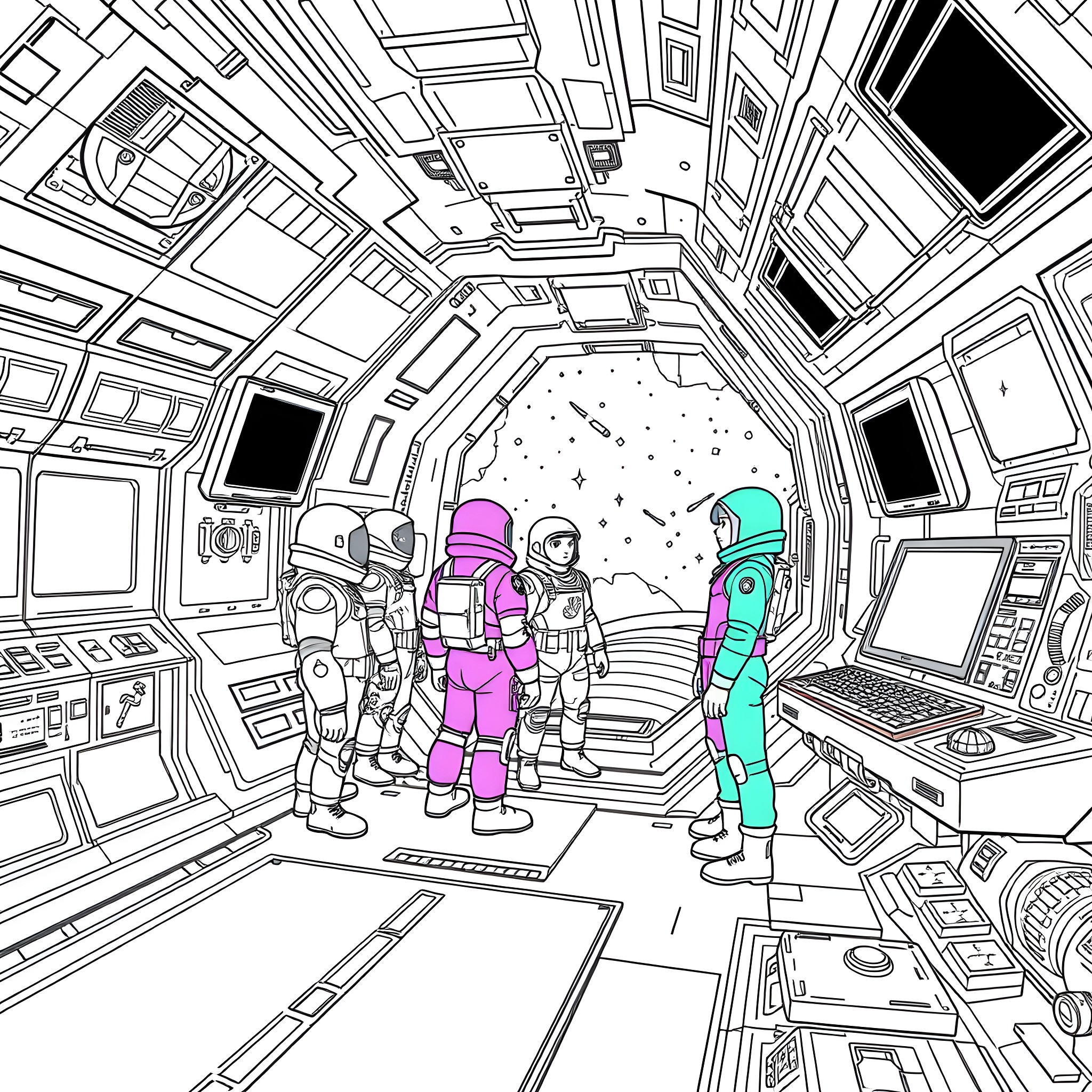 Among Us: Astronauts Exploring the Futuristic Spacecraft Coloring Page (free black-and-white line drawing printable PDF for all, from beginners to advanced learners, including children, teens, adults, and seniors)