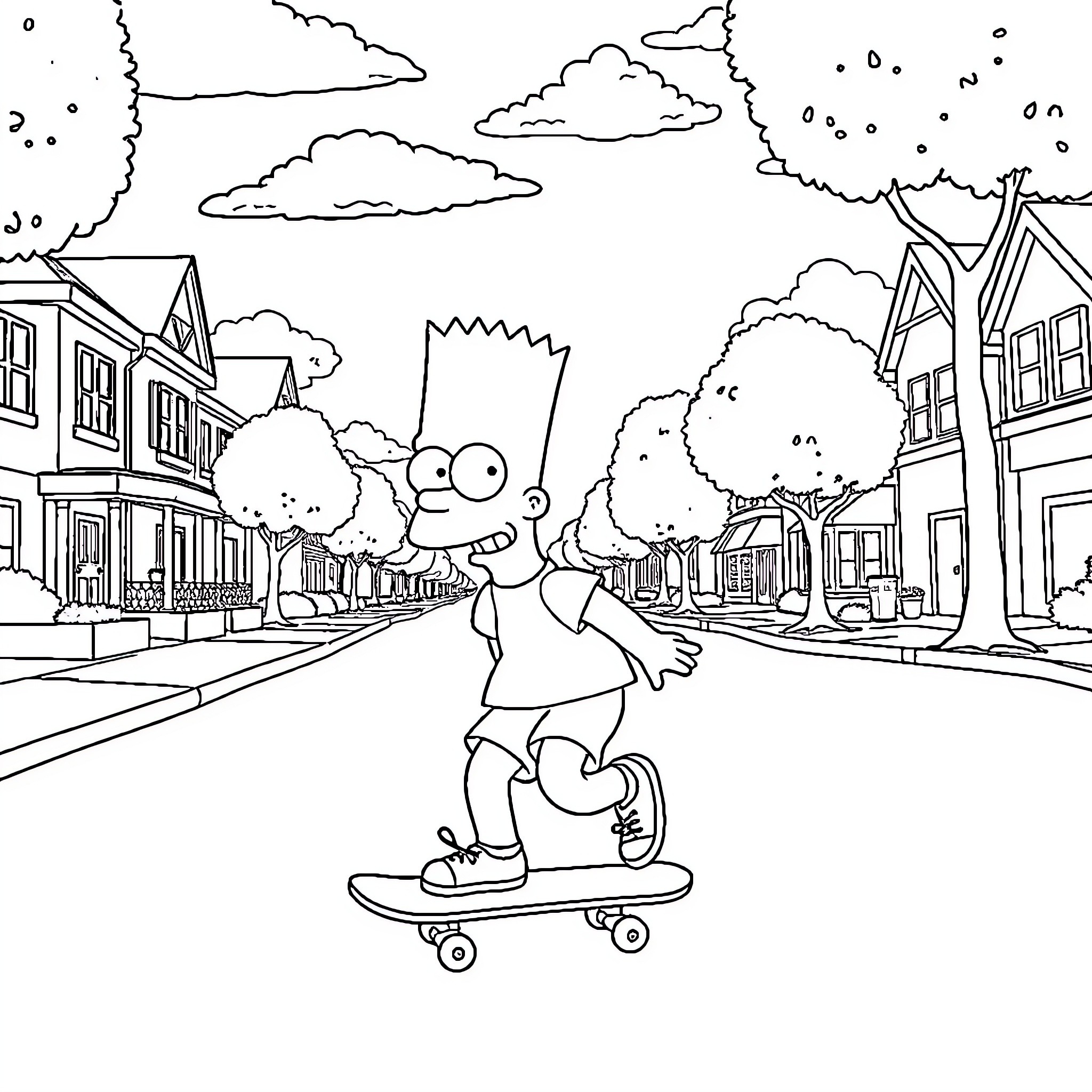Bart Simpson skateboarding through the city Coloring Page (free black-and-white line drawing printable PDF for all, from beginners to advanced learners, including children, teens, adults, and seniors)