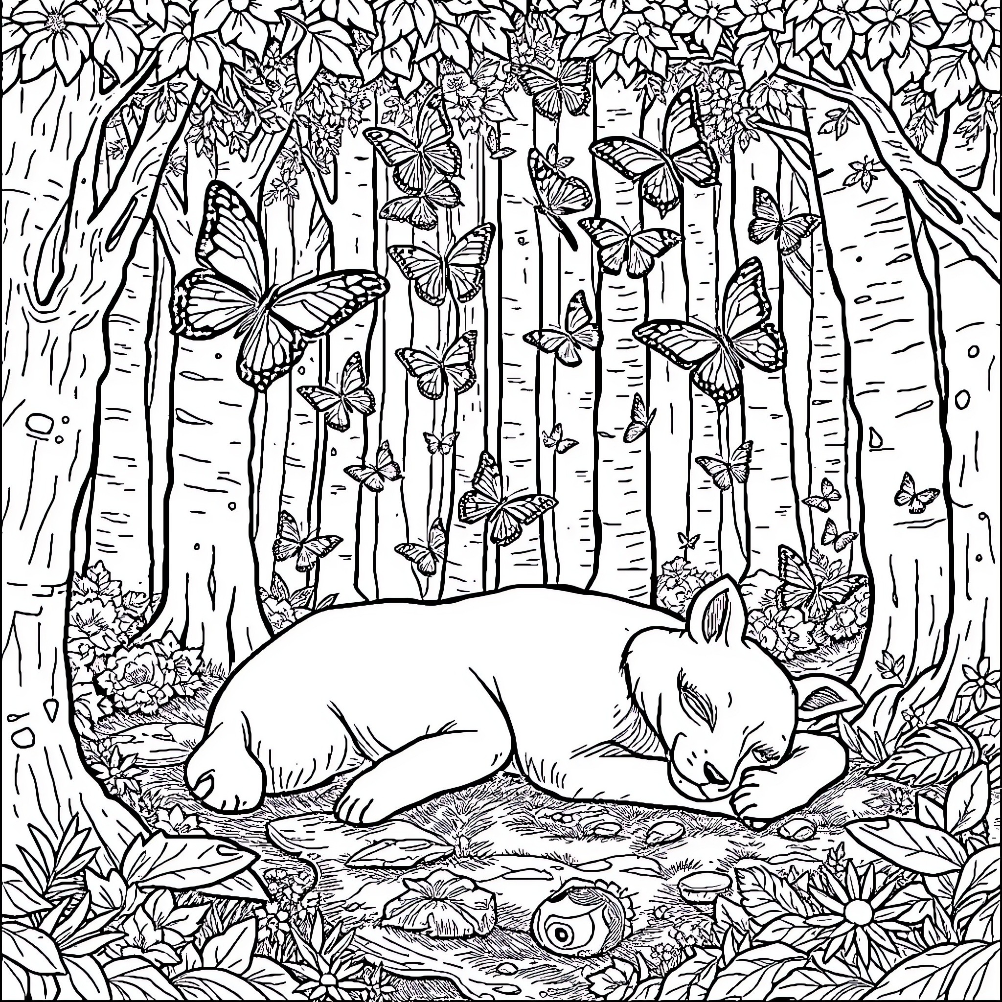 Butterfly Forest Dreams: A Sleeping Bear Amidst Nature's Wonders Coloring Page (free black-and-white line drawing printable PDF for all, from beginners to advanced learners, including children, teens, adults, and seniors)