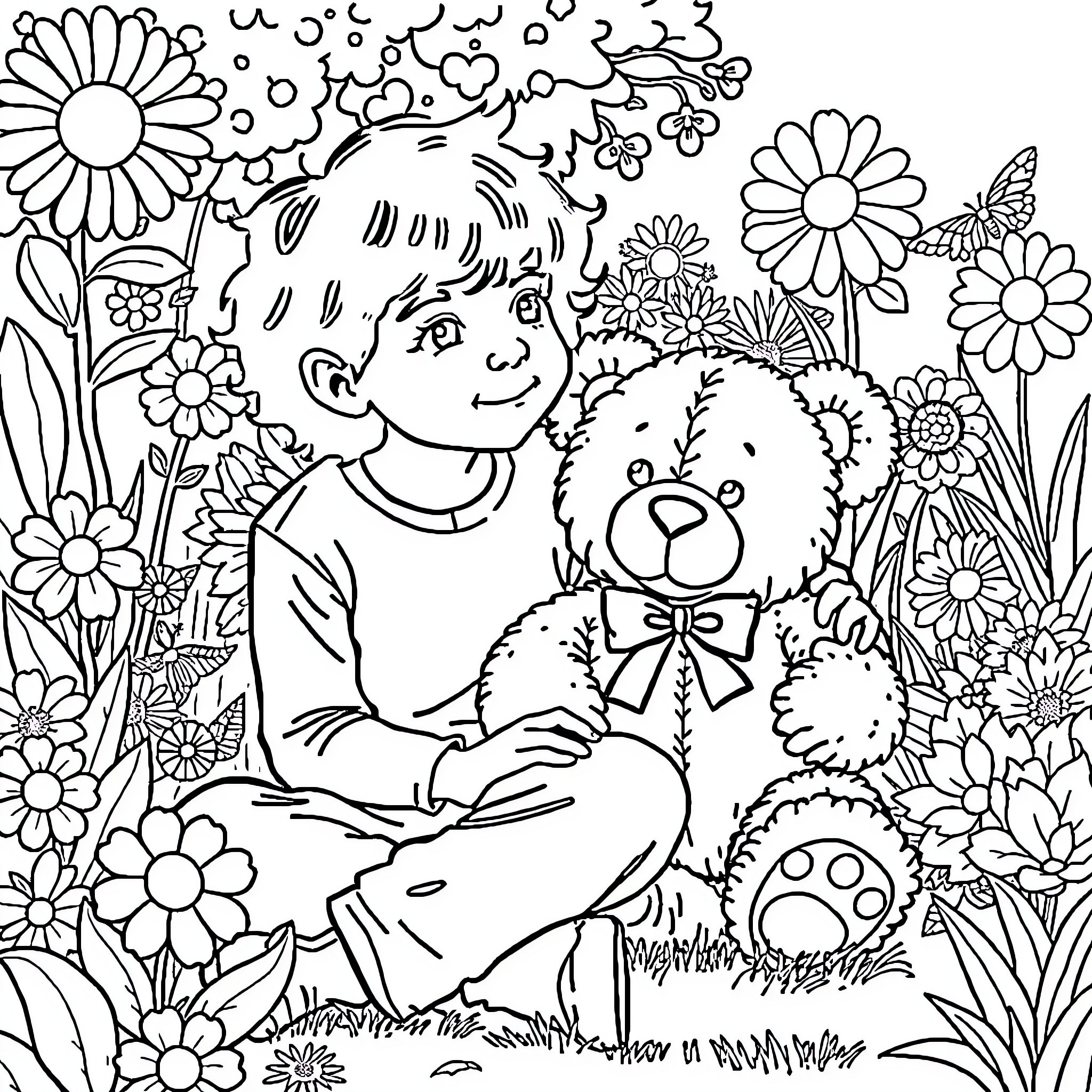 Teddy Bear Embracing Young Girl in Flower Garden Coloring Page (free black-and-white line drawing printable PDF for all, from beginners to advanced learners, including children, teens, adults, and seniors)