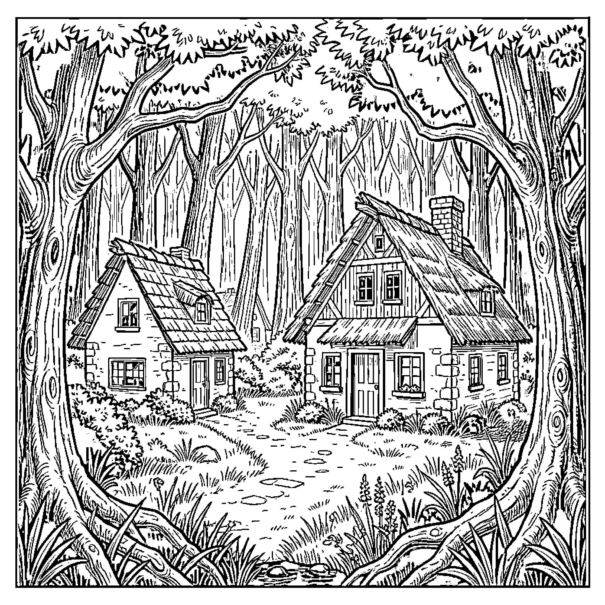 Darm peaceful scene of small cottages in a forest Coloring Page (free black-and-white line drawing printable PDF for all, from beginners to advanced learners, including children, teens, adults, and seniors)