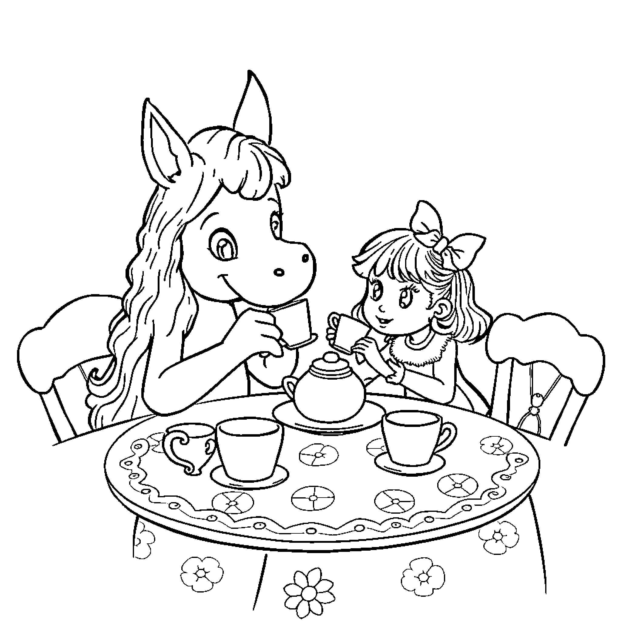 Huntrix enjoys a tea party with a young girl Coloring Page (free black-and-white line drawing printable PDF for all, from beginners to advanced learners, including children, teens, adults, and seniors)