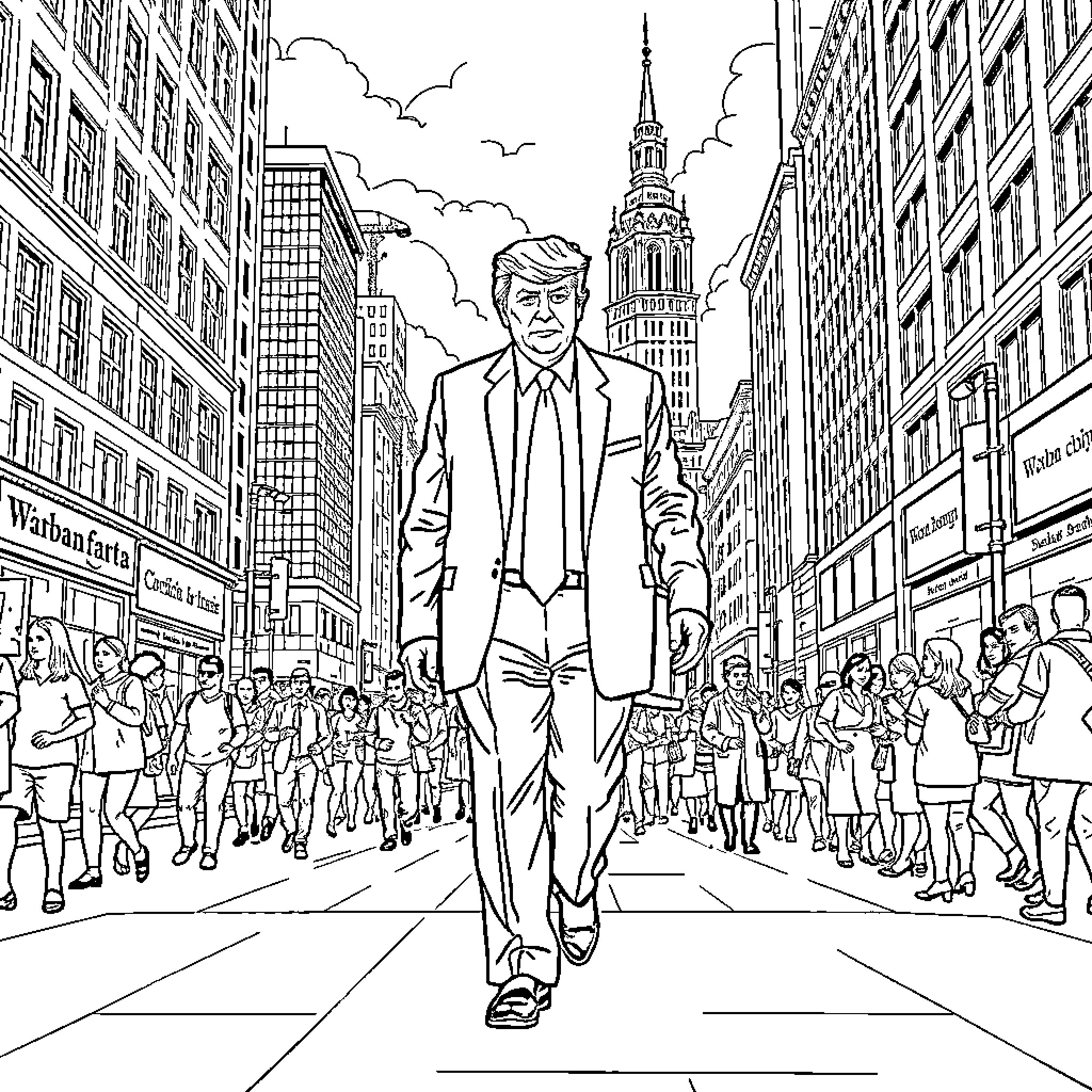 Trump walking confidently through a crowded city street Coloring Page (free black-and-white line drawing printable PDF for all, from beginners to advanced learners, including children, teens, adults, and seniors)