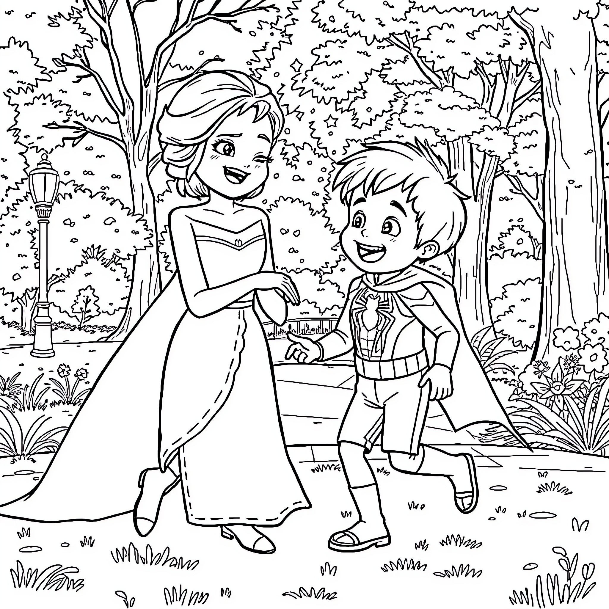 Elsa and a Boy Enjoying the Forest Scenery Coloring Page (free black-and-white line drawing printable PDF for all, from beginners to advanced learners, including children, teens, adults, and seniors)