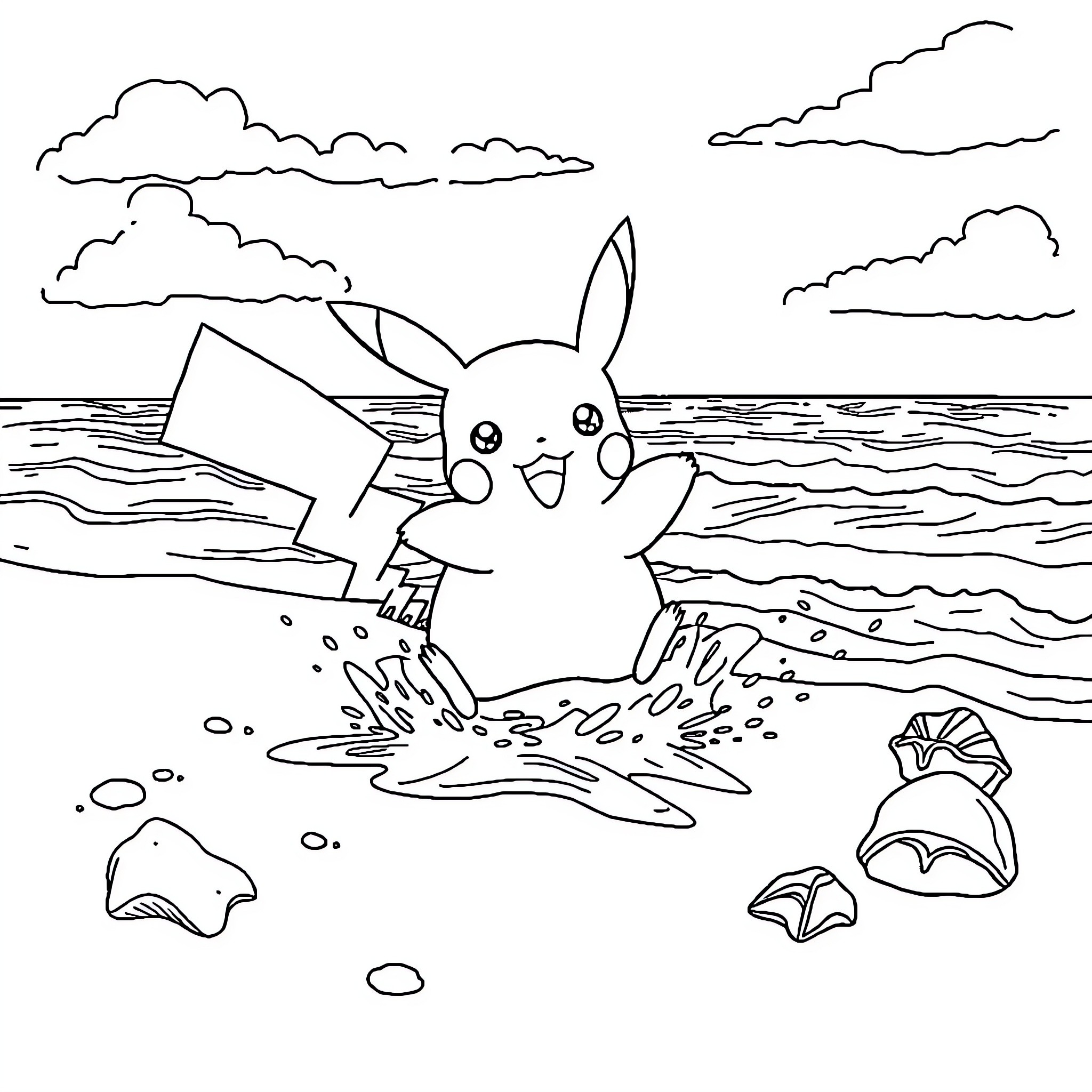 Pikachu enjoying a day at the beach Coloring Page (free black-and-white line drawing printable PDF for all, from beginners to advanced learners, including children, teens, adults, and seniors)