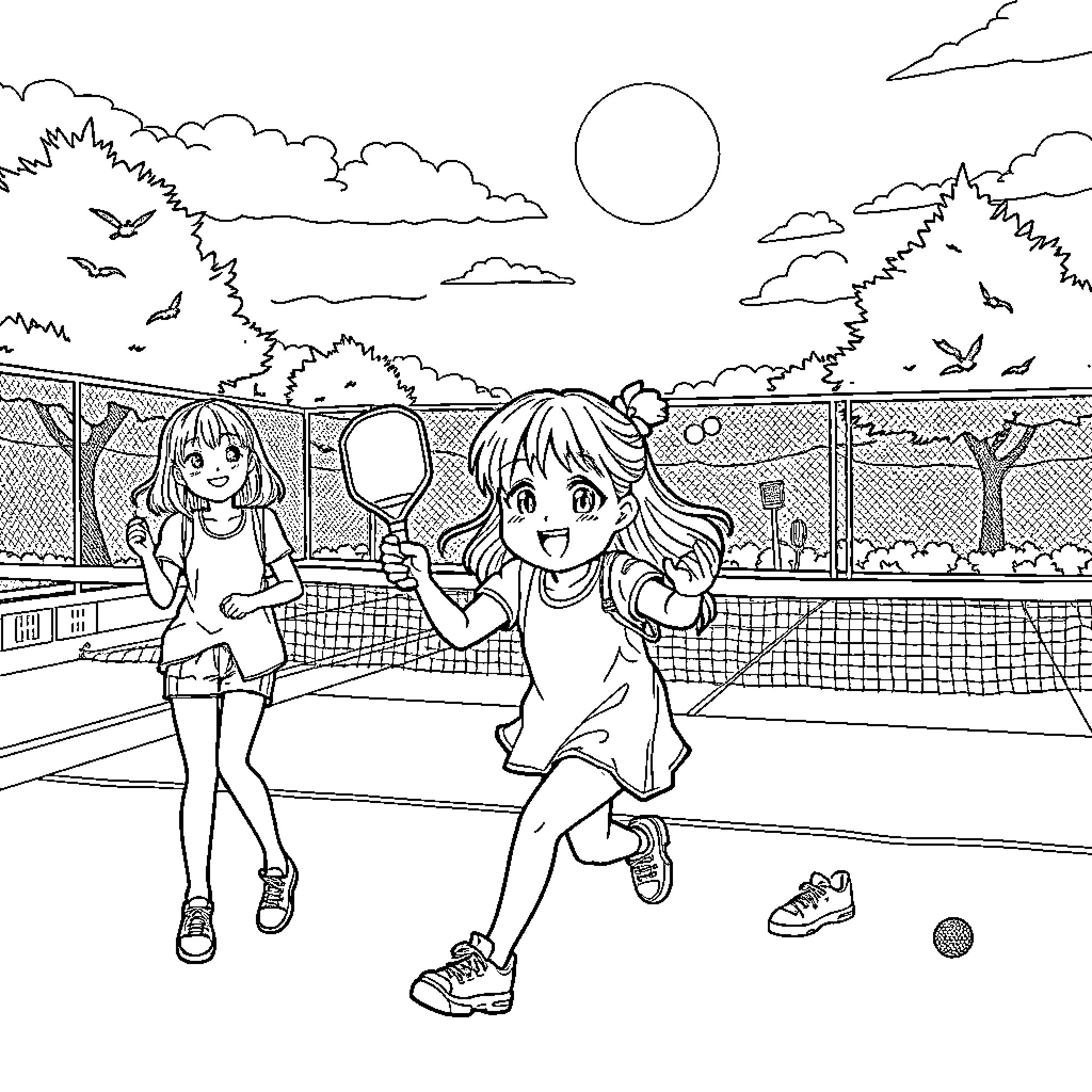 Saja's Tennis Match on a Sunny Day Coloring Page (free black-and-white line drawing printable PDF for all, from beginners to advanced learners, including children, teens, adults, and seniors)