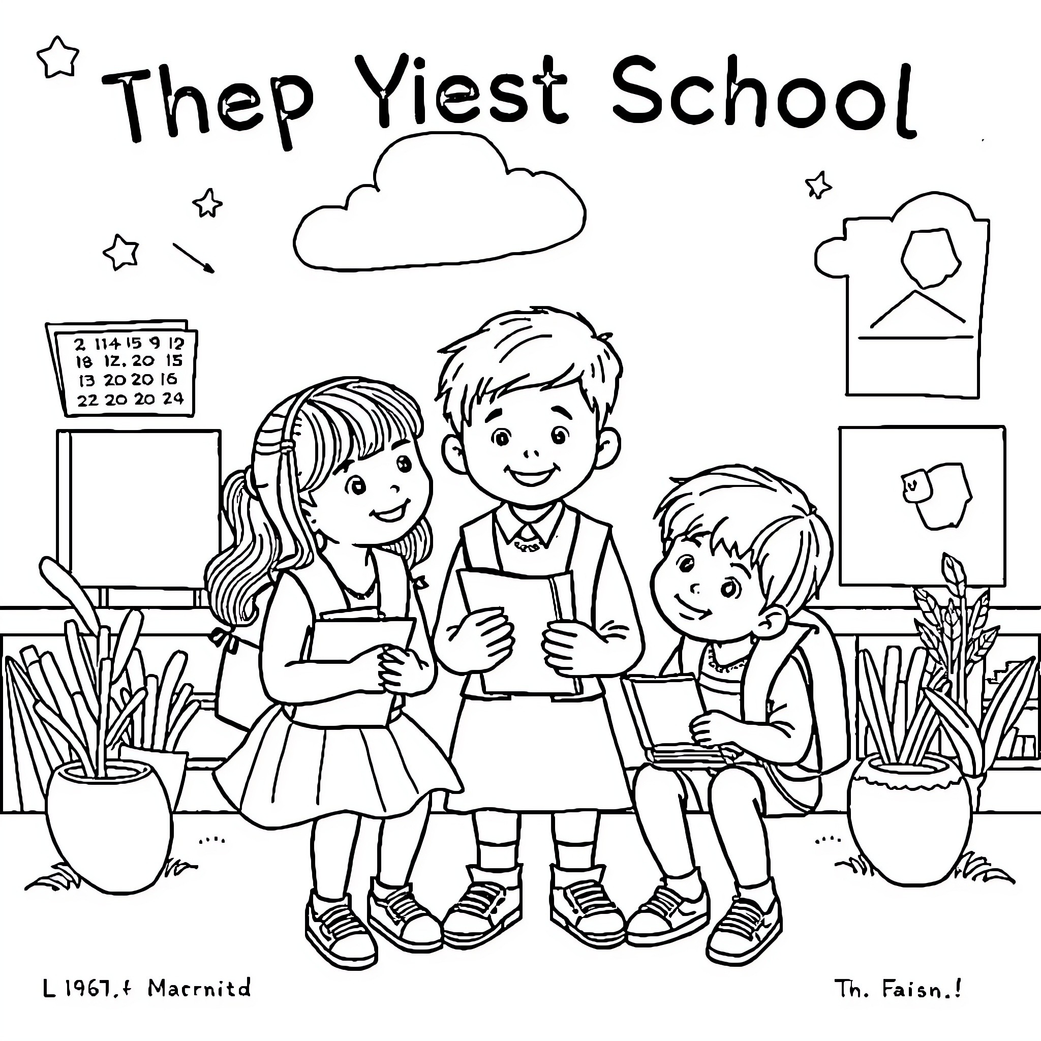 Year of students learning happily at school Coloring Page (free black-and-white line drawing printable PDF for all, from beginners to advanced learners, including children, teens, adults, and seniors)