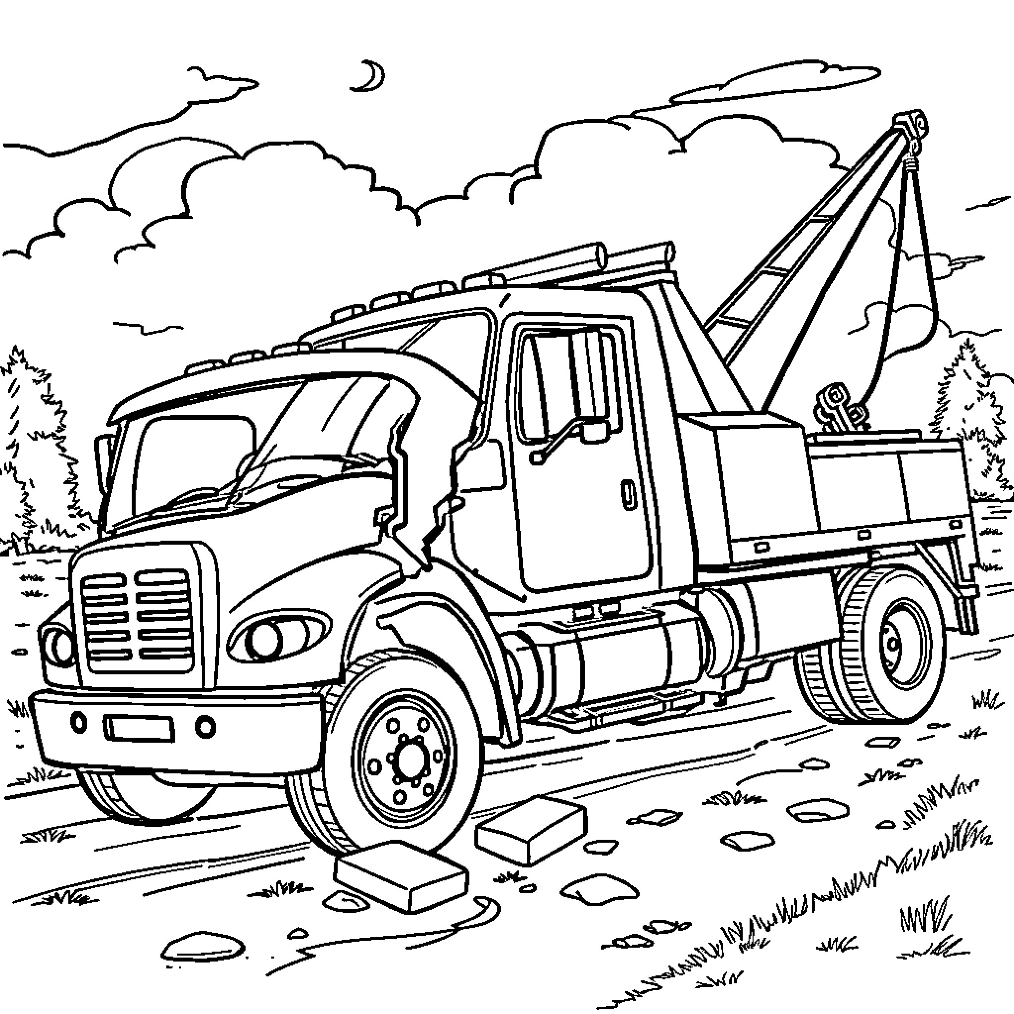 Towtruck assisting vehicle in remote countryside Coloring Page (free black-and-white line drawing printable PDF for all, from beginners to advanced learners, including children, teens, adults, and seniors)