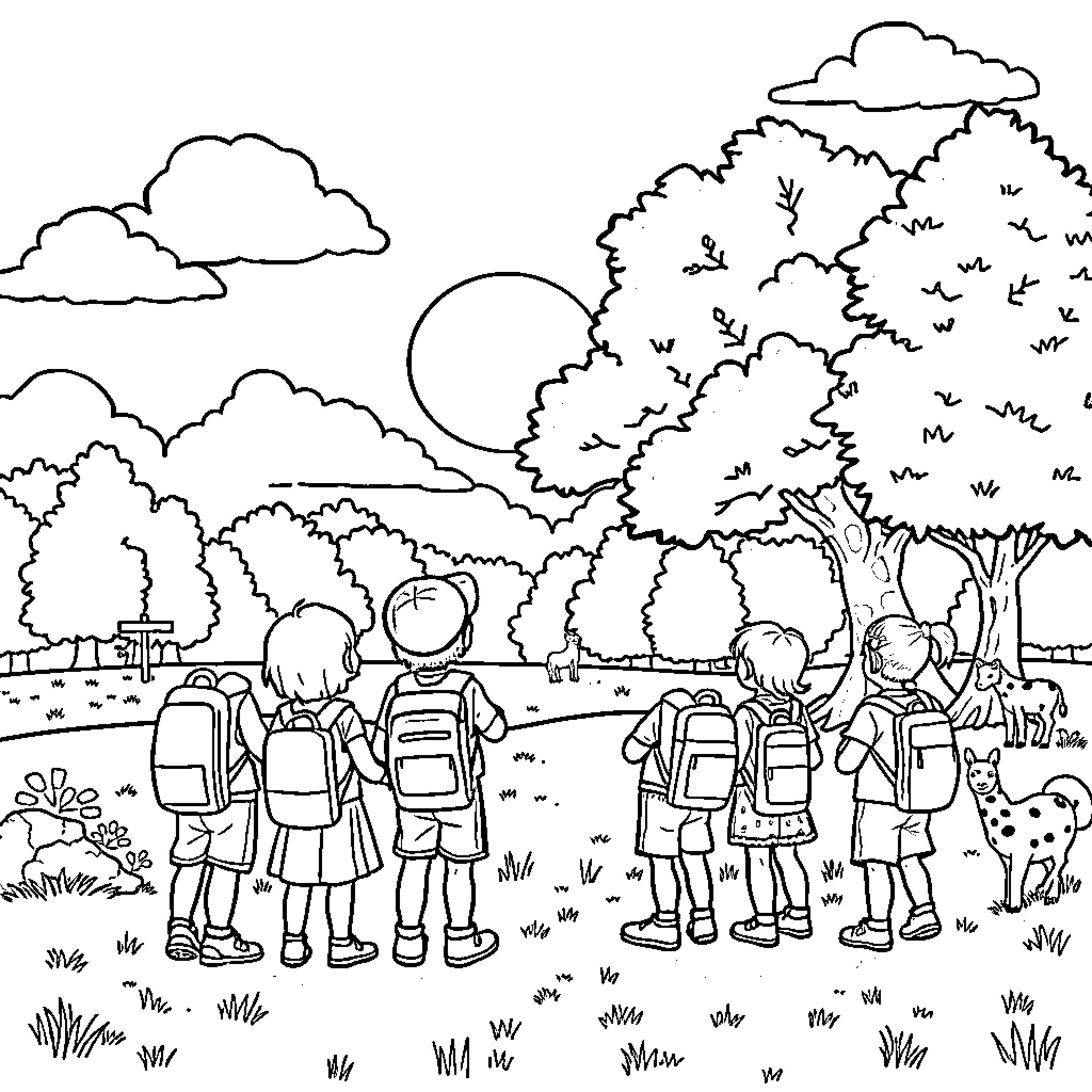 Field Trip through Scenic Outdoor Nature Coloring Page (free black-and-white line drawing printable PDF for all, from beginners to advanced learners, including children, teens, adults, and seniors)