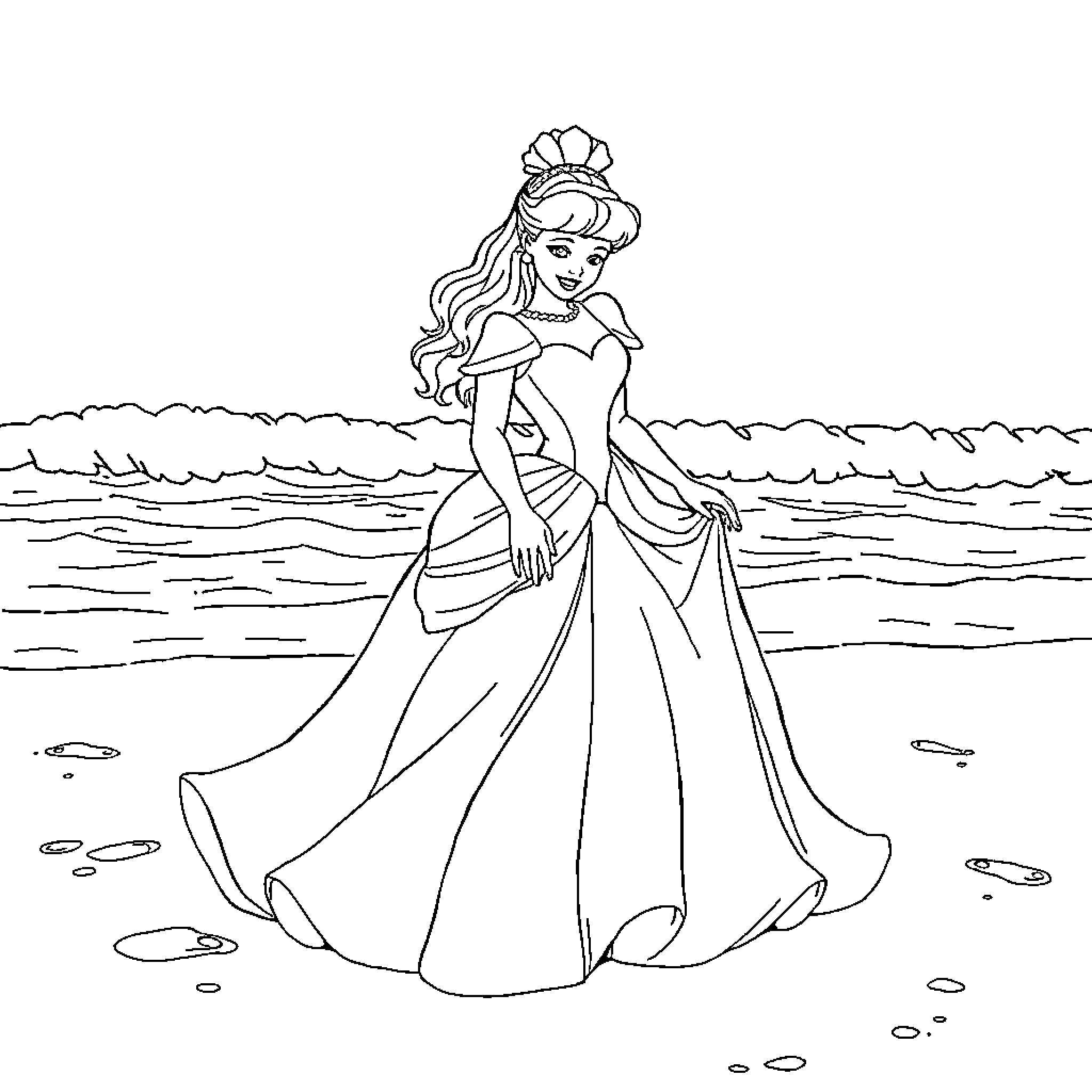 Cinderella exploring the magical beach Coloring Page (free black-and-white line drawing printable PDF for all, from beginners to advanced learners, including children, teens, adults, and seniors)