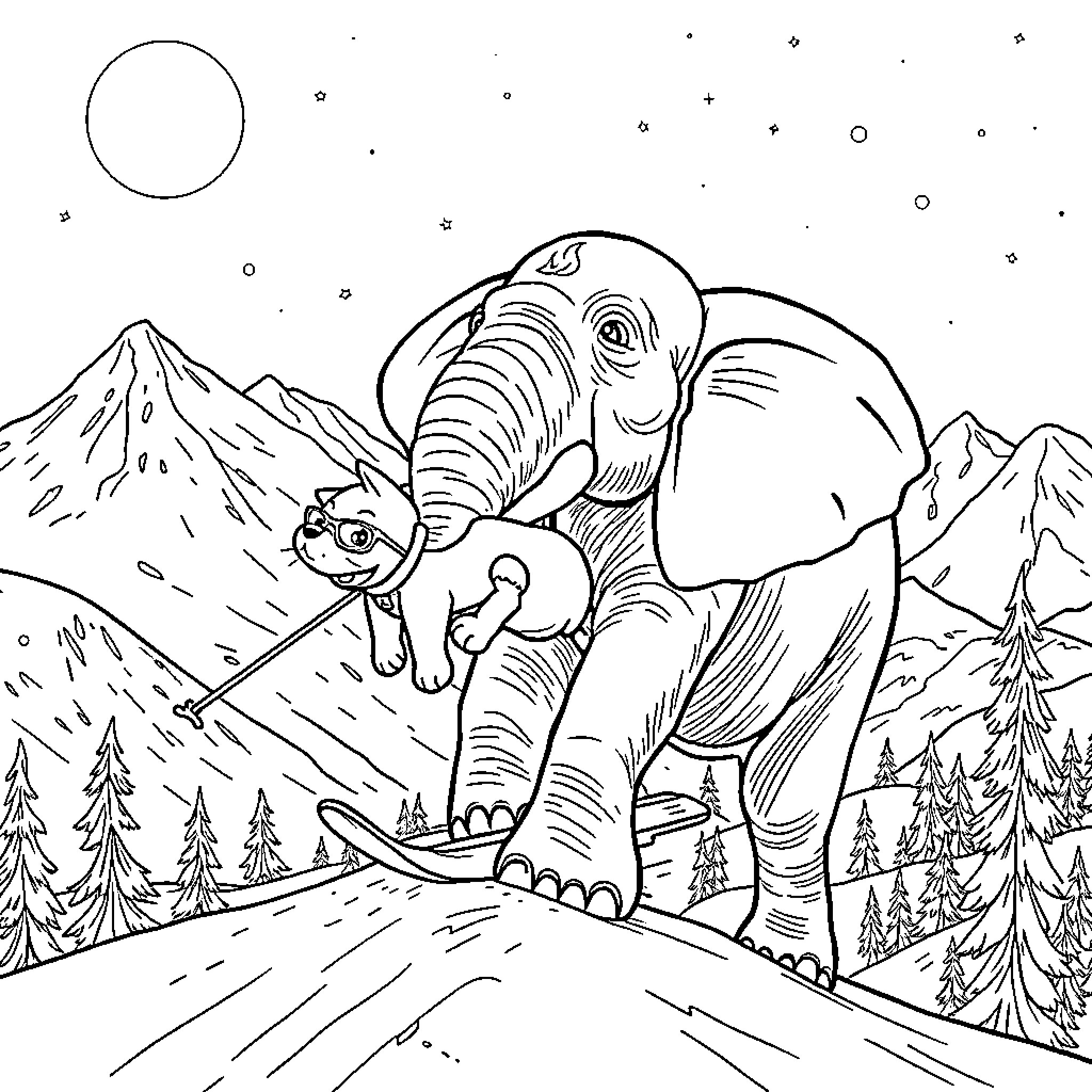 Dog Exploring the Wintry Mountain Landscape Coloring Page (free black-and-white line drawing printable PDF for all, from beginners to advanced learners, including children, teens, adults, and seniors)