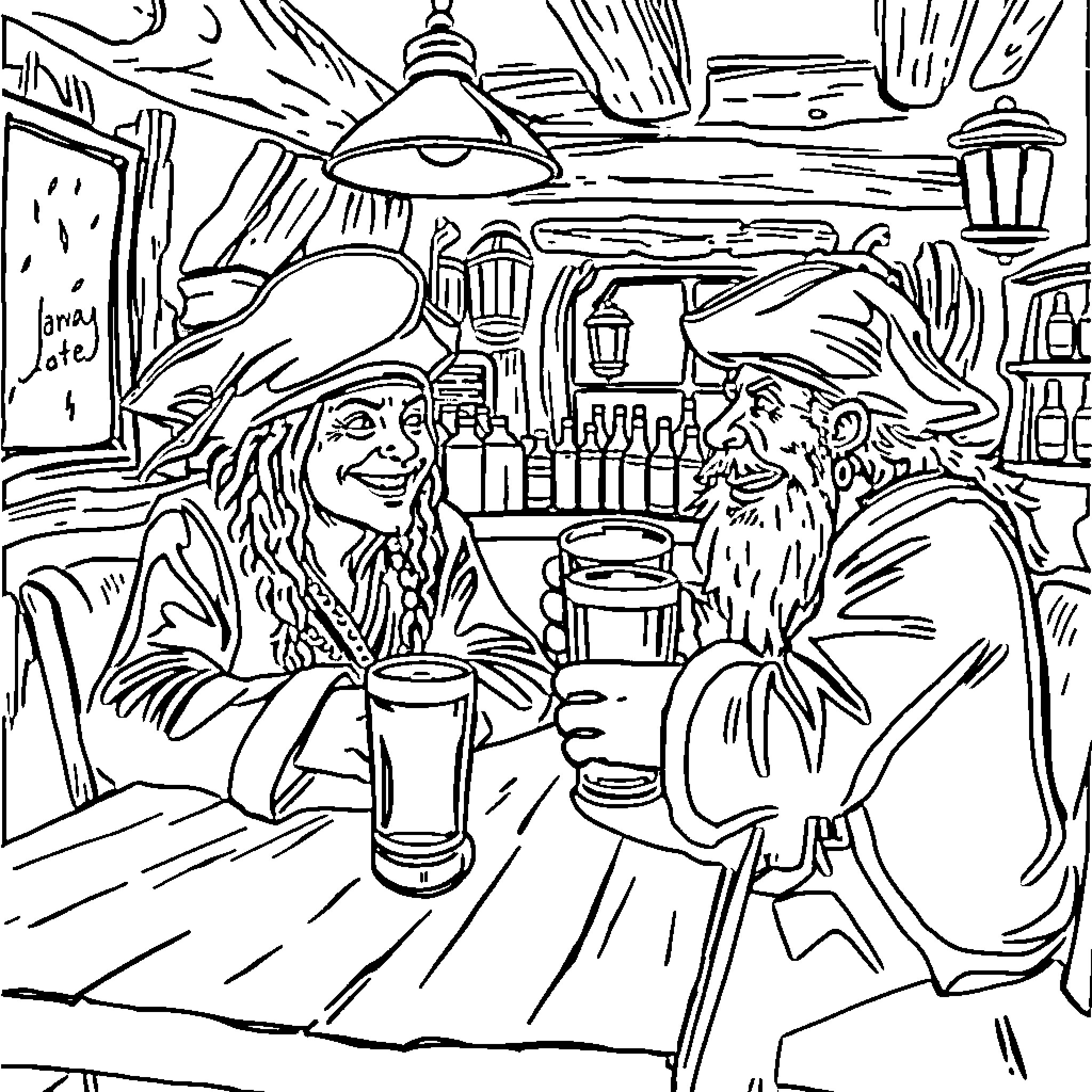 Jack Sparrow and Pirate Enjoying Drinks at Pub Coloring Page (free black-and-white line drawing printable PDF for all, from beginners to advanced learners, including children, teens, adults, and seniors)