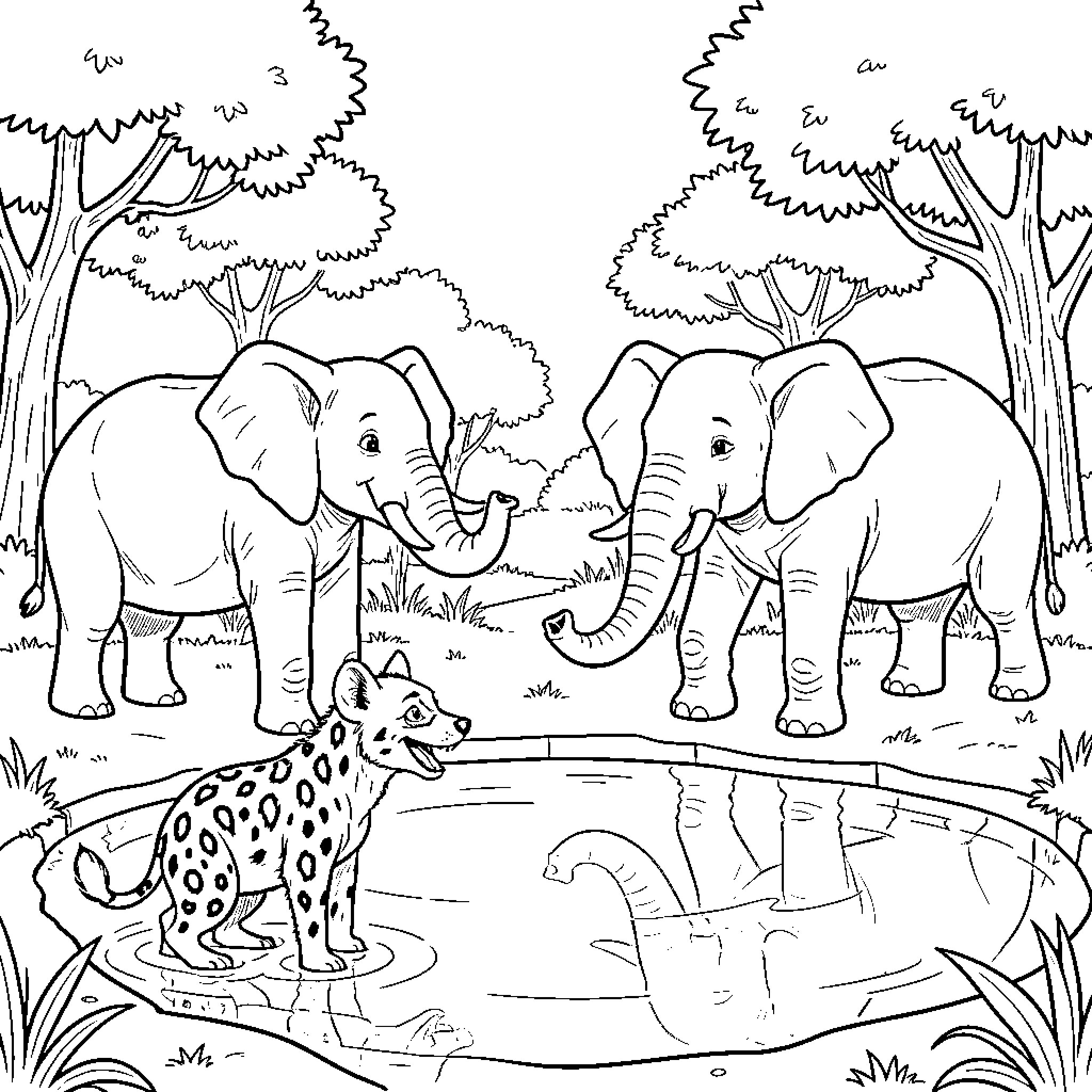 Hyena standing by a pond near two elephants Coloring Page (free black-and-white line drawing printable PDF for all, from beginners to advanced learners, including children, teens, adults, and seniors)