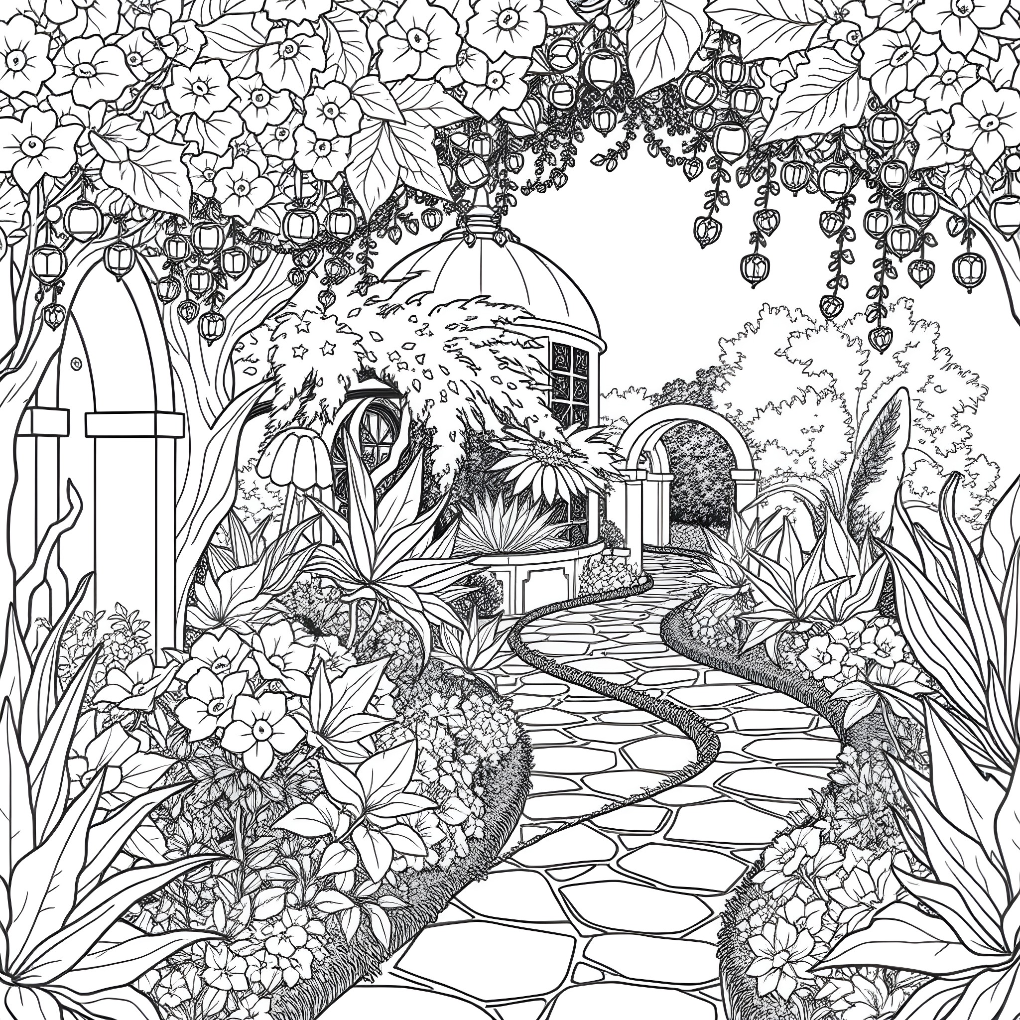 Bonnie Blue's Enchanted Garden Coloring Page (free black-and-white line drawing printable PDF for all, from beginners to advanced learners, including children, teens, adults, and seniors)