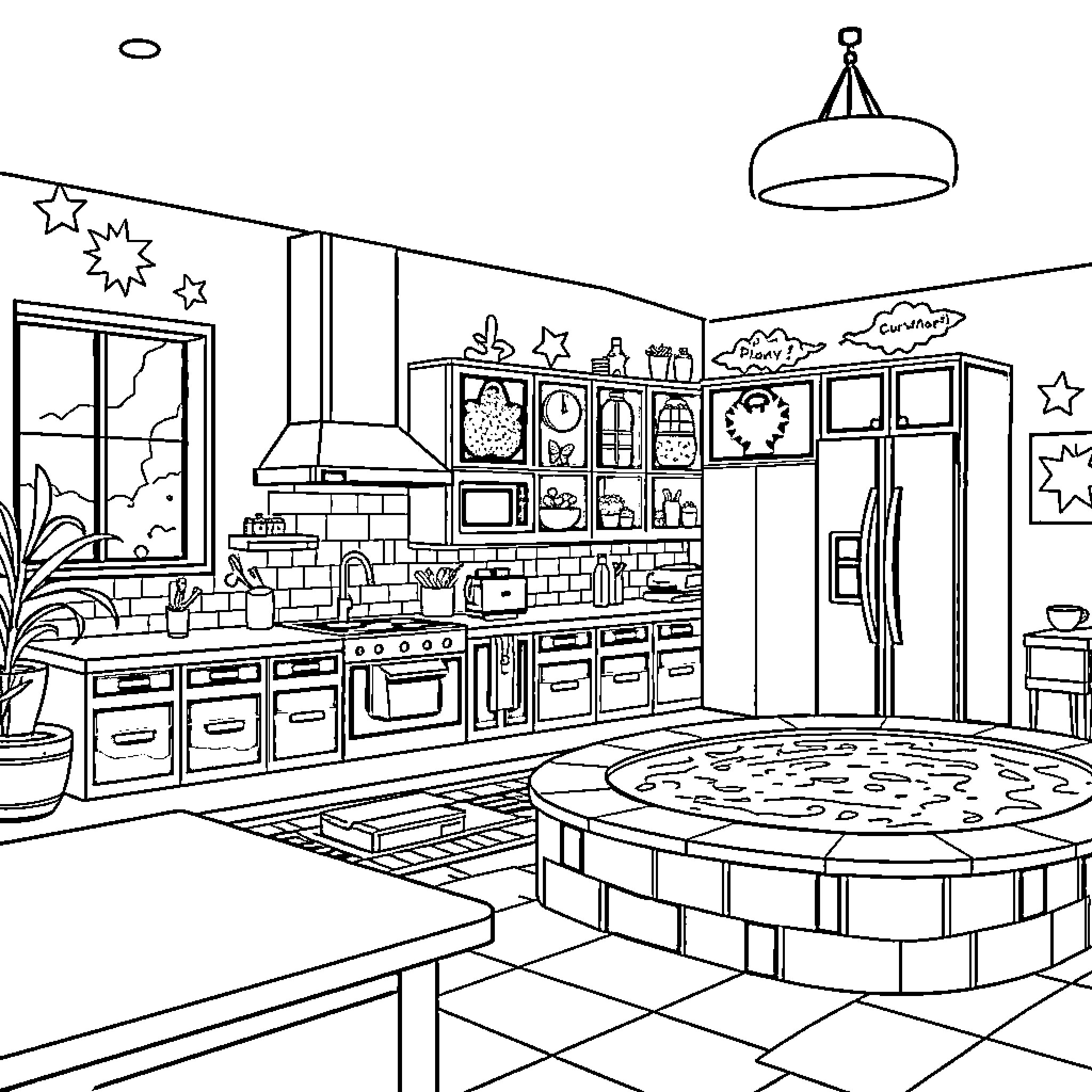 Superhero Kitchen Adventure with Whimsical Decor Coloring Page (free black-and-white line drawing printable PDF for all, from beginners to advanced learners, including children, teens, adults, and seniors)