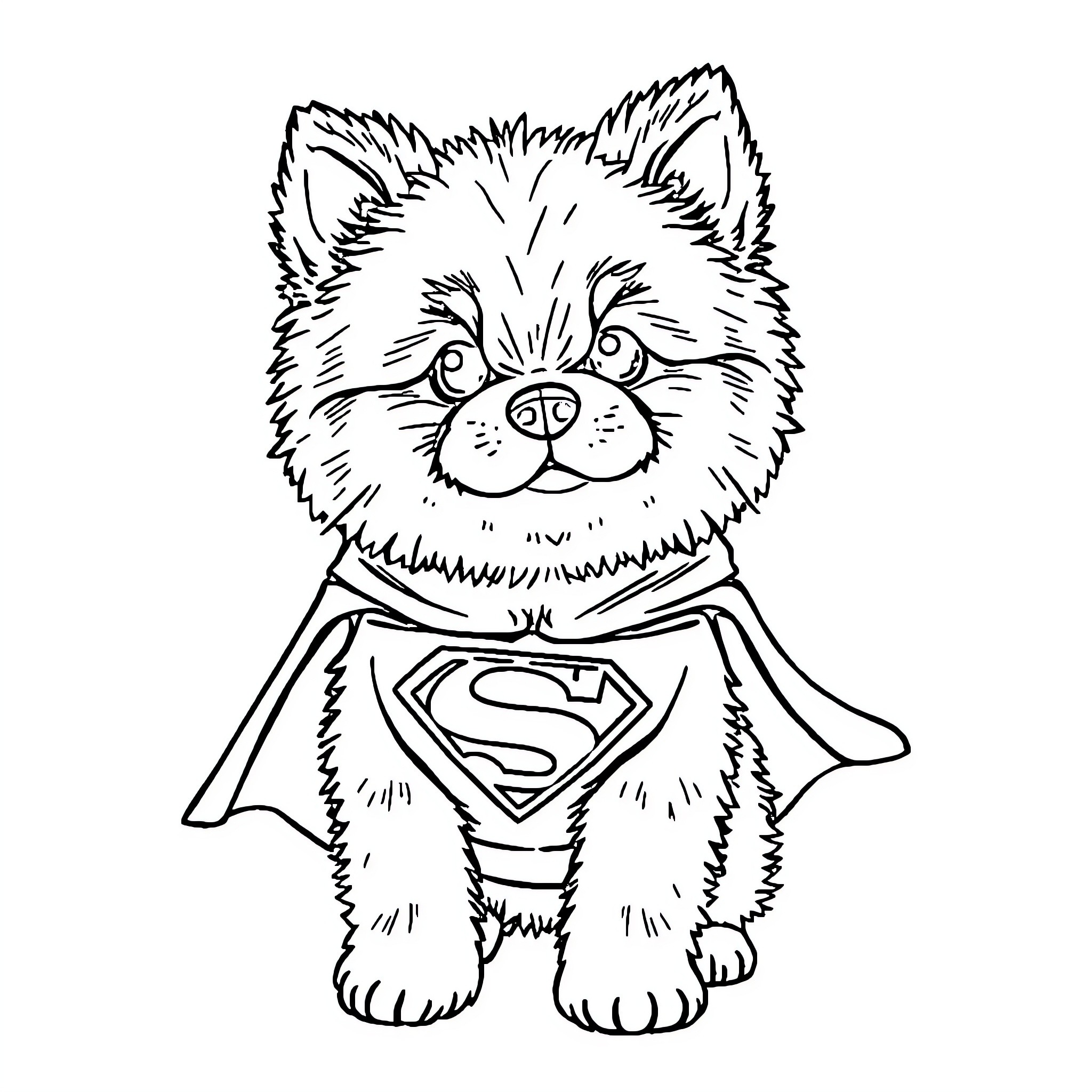 Dog dressed as superhero with cape Coloring Page (free black-and-white line drawing printable PDF for all, from beginners to advanced learners, including children, teens, adults, and seniors)
