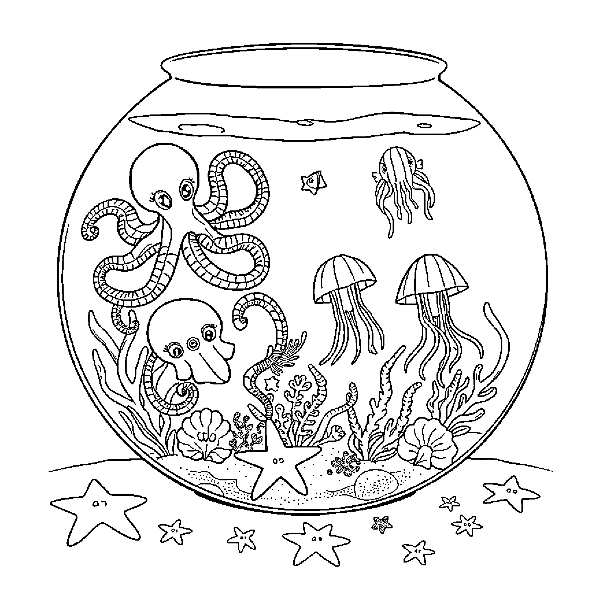 Aquarium with underwater creatures and plants Coloring Page (free black-and-white line drawing printable PDF for all, from beginners to advanced learners, including children, teens, adults, and seniors)