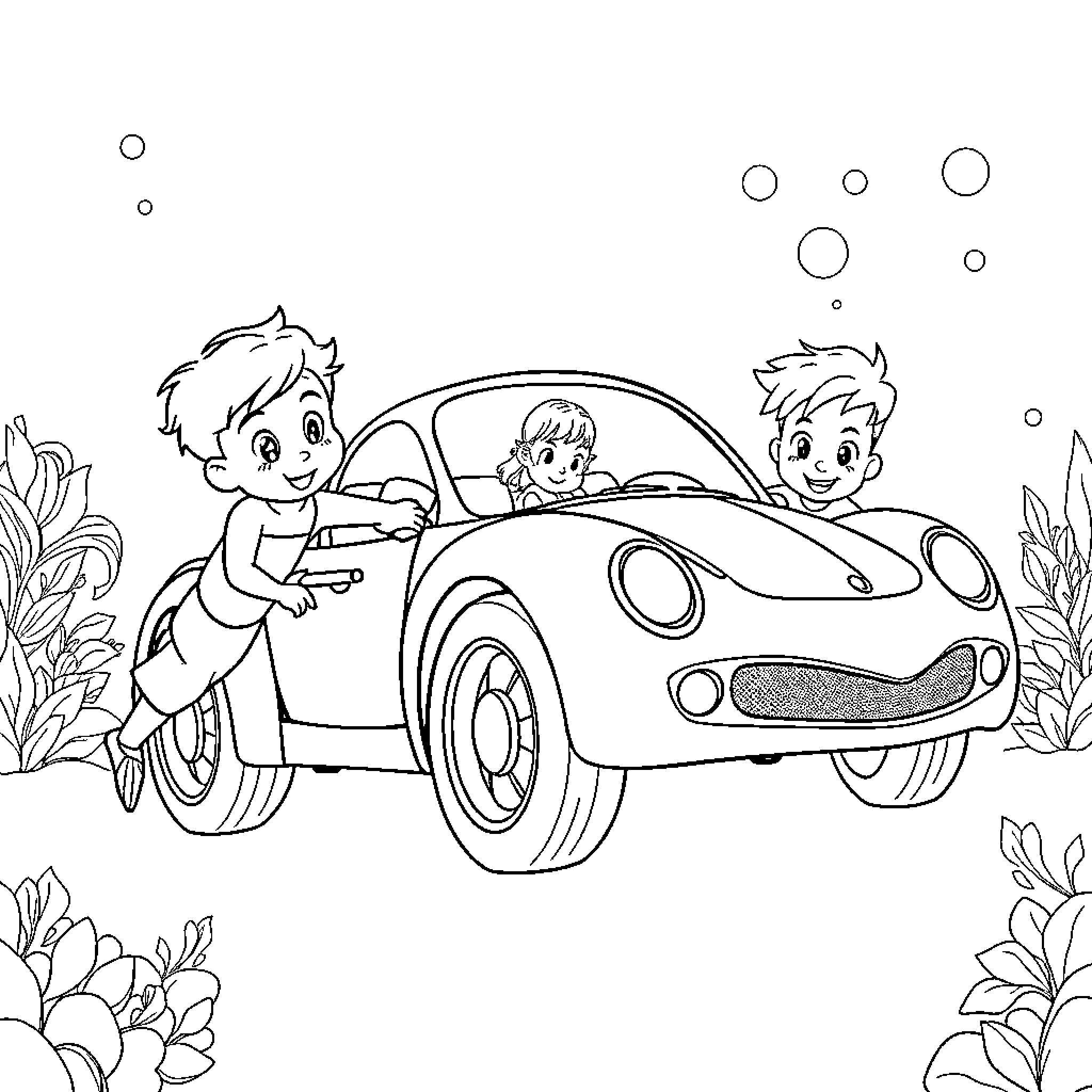 Merman boys riding a car in the underwater meadow Coloring Page (free black-and-white line drawing printable PDF for all, from beginners to advanced learners, including children, teens, adults, and seniors)