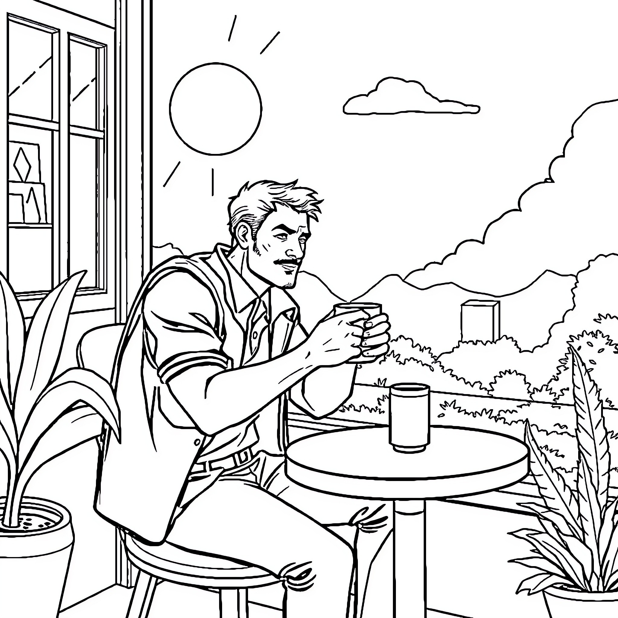 Titan enjoying a beverage on a sunny balcony Coloring Page (free black-and-white line drawing printable PDF for all, from beginners to advanced learners, including children, teens, adults, and seniors)