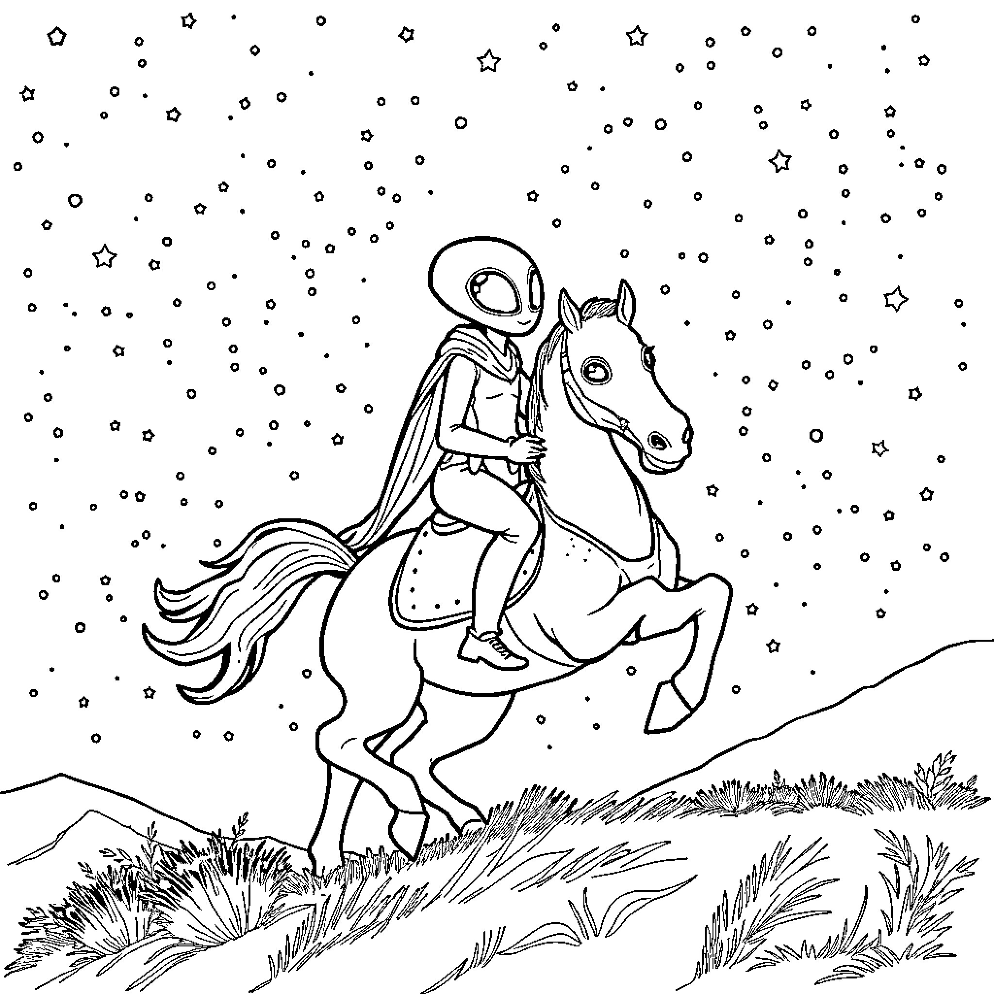 Alien Riding Majestic Horse Through Starry Night Coloring Page (free black-and-white line drawing printable PDF for all, from beginners to advanced learners, including children, teens, adults, and seniors)