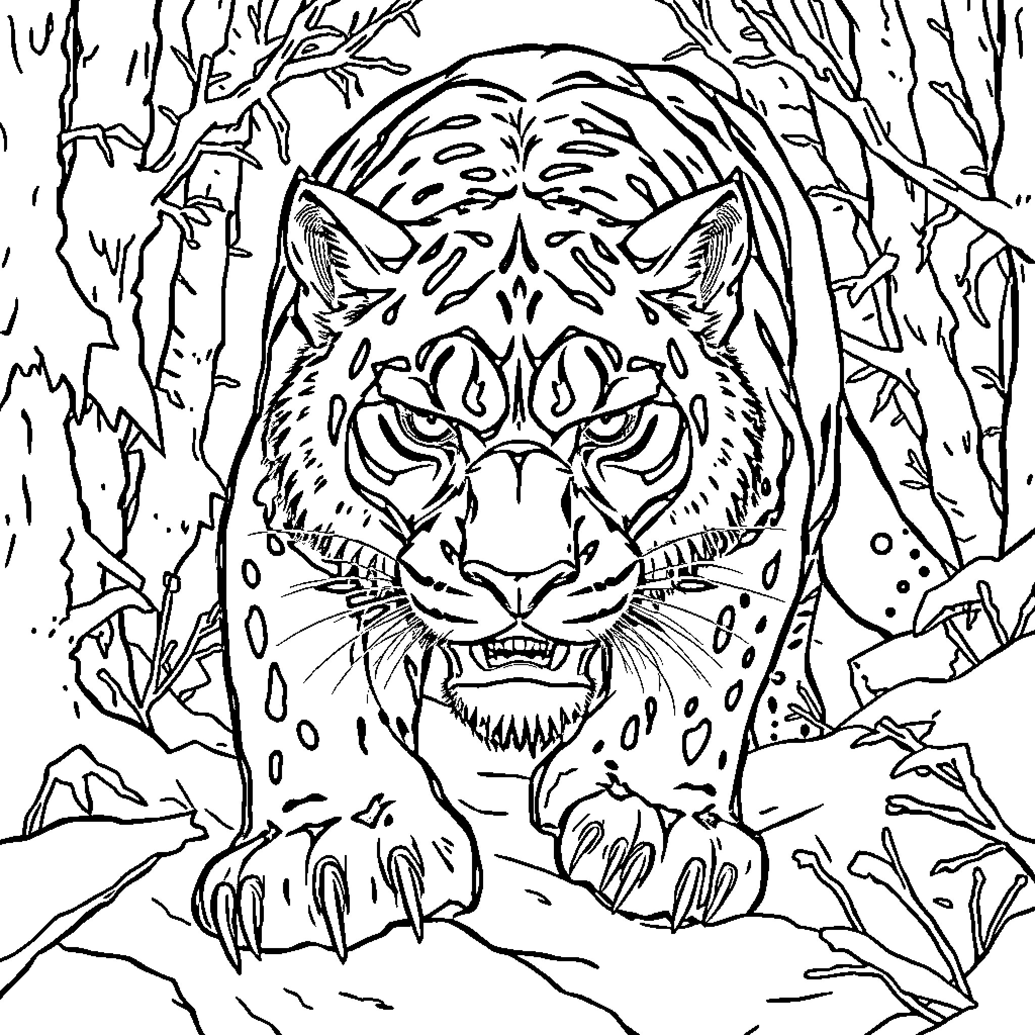 Panther in the Wilderness Coloring Page (free black-and-white line drawing printable PDF for all, from beginners to advanced learners, including children, teens, adults, and seniors)