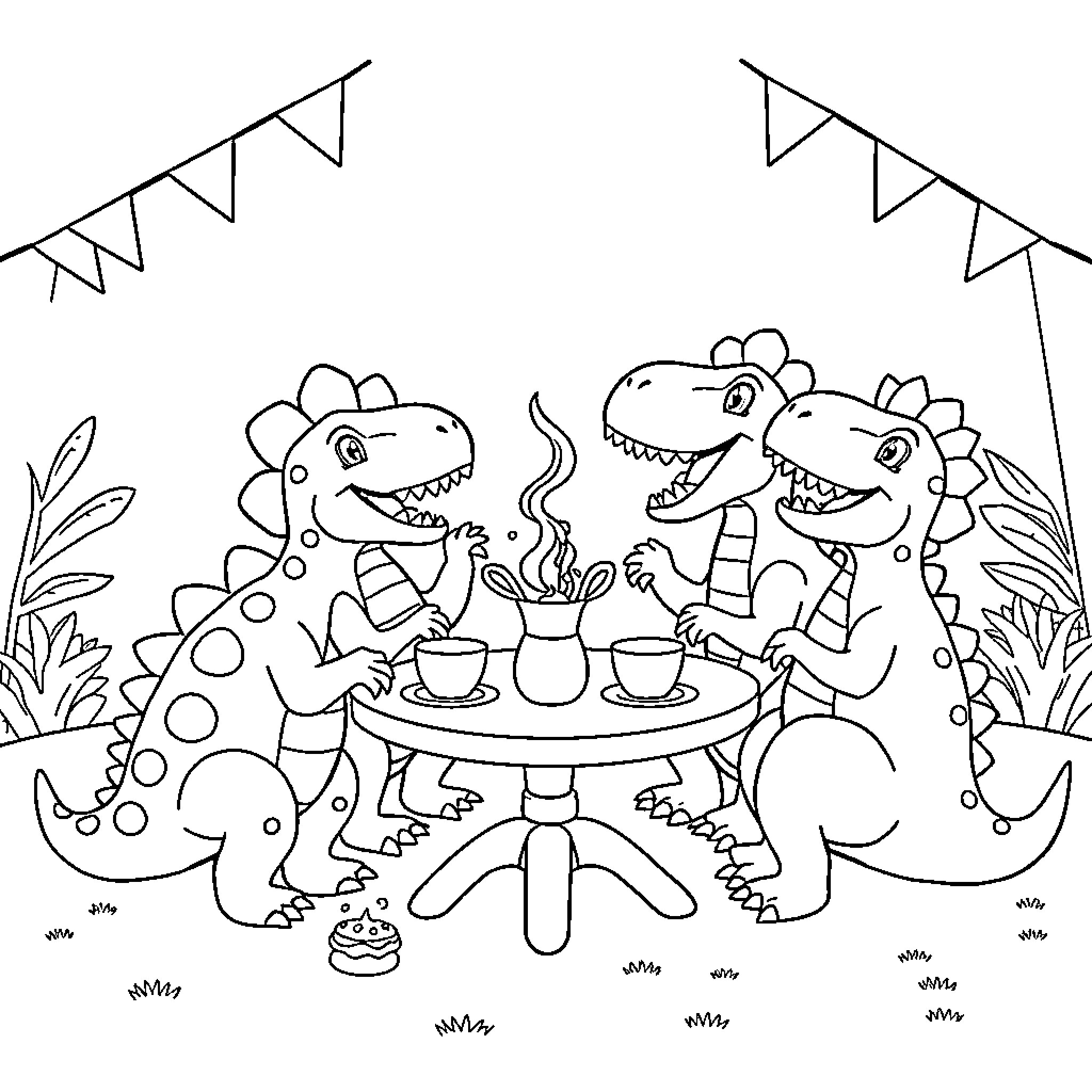 Dinosaurs enjoying a party together Coloring Page (free black-and-white line drawing printable PDF for all, from beginners to advanced learners, including children, teens, adults, and seniors)