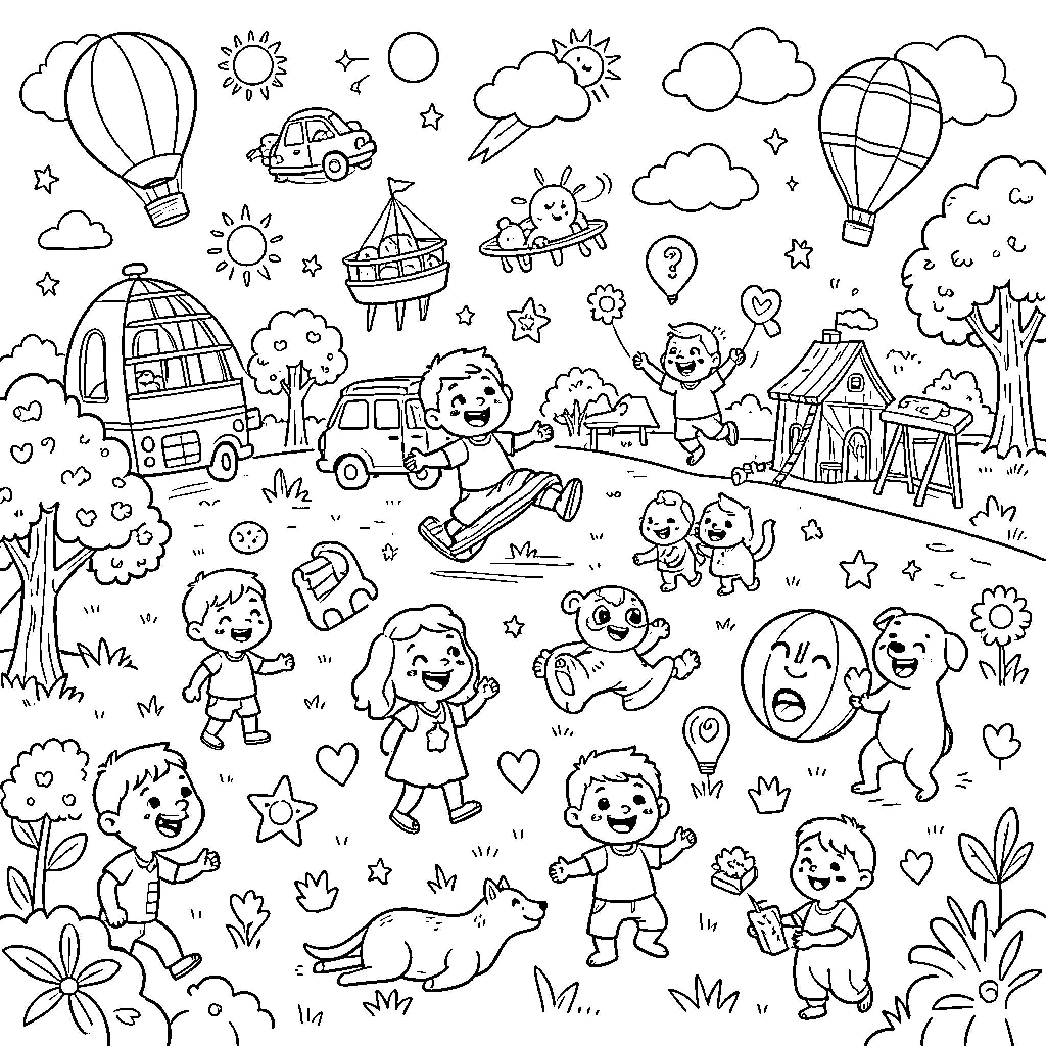 Woobly children playing happily in a whimsical outdoor landscape Coloring Page (free black-and-white line drawing printable PDF for all, from beginners to advanced learners, including children, teens, adults, and seniors)