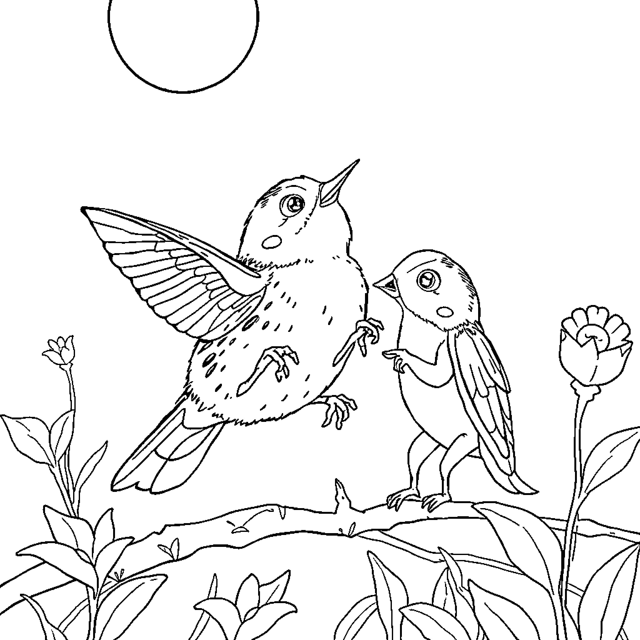 Grasshopper and Ant enjoying nature's beauty Coloring Page (free black-and-white line drawing printable PDF for all, from beginners to advanced learners, including children, teens, adults, and seniors)