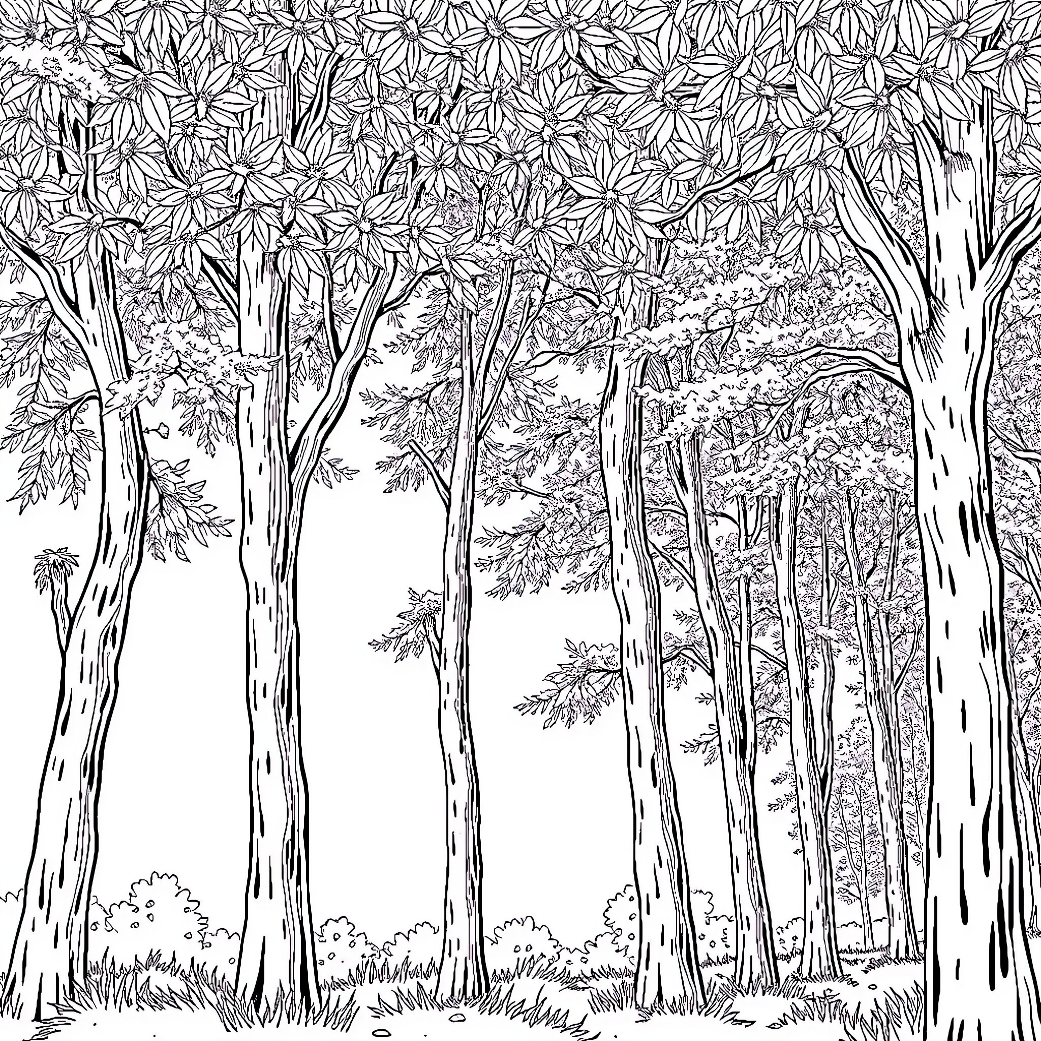 Tree-lined forest path with vibrant foliage Coloring Page (free black-and-white line drawing printable PDF for all, from beginners to advanced learners, including children, teens, adults, and seniors)
