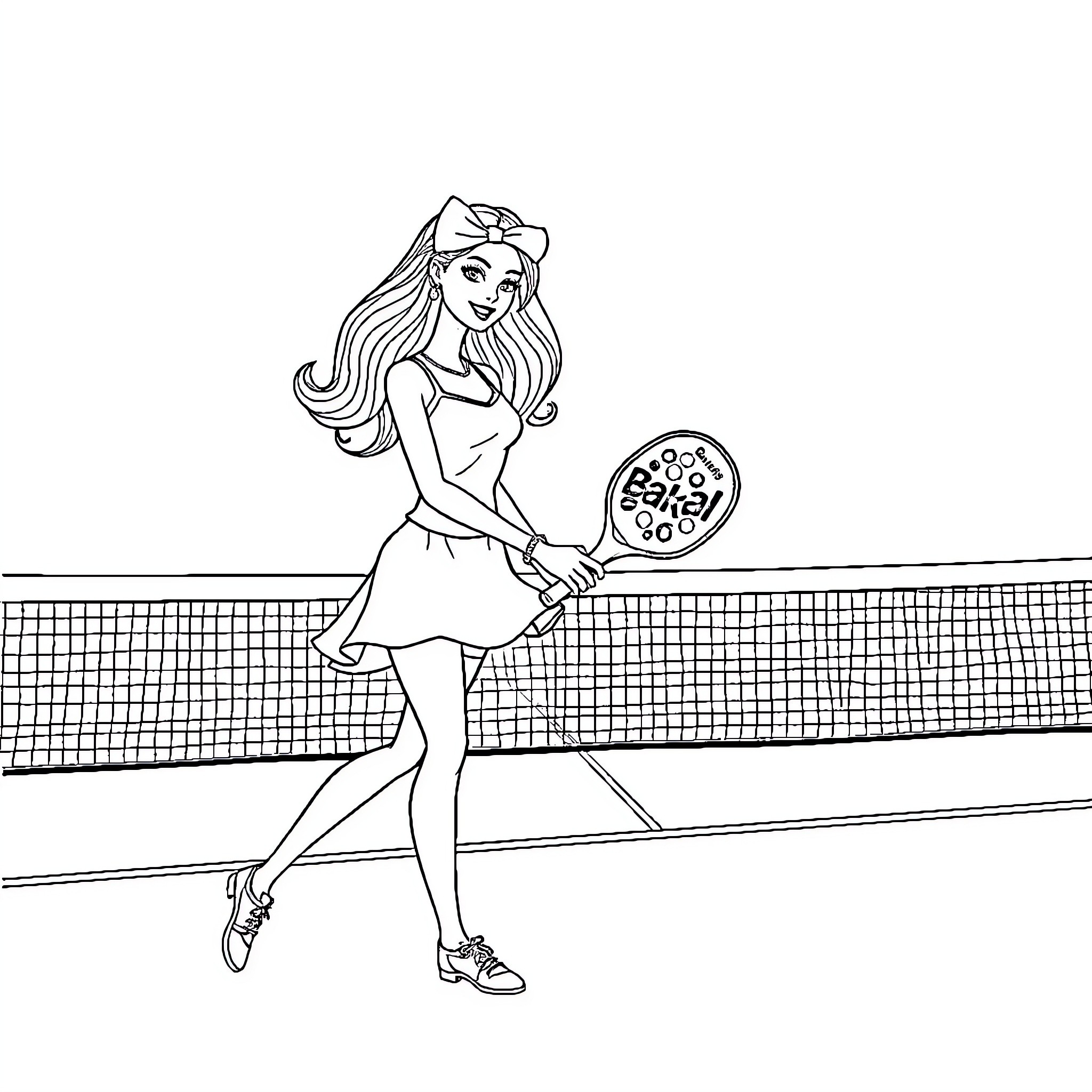 Barbie playing tennis on the court Coloring Page (free black-and-white line drawing printable PDF for all, from beginners to advanced learners, including children, teens, adults, and seniors)