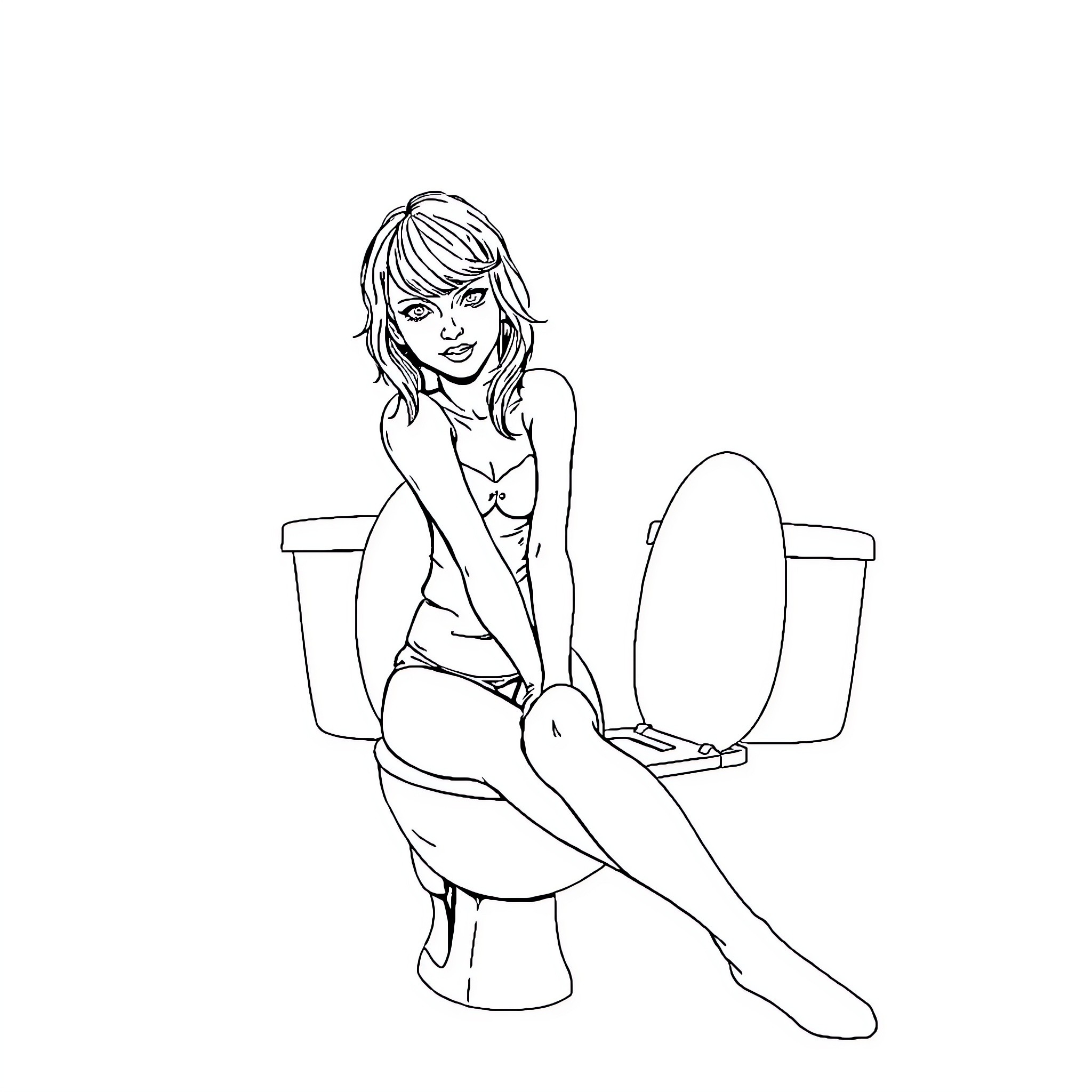 Taylor Swift sitting on toilet in contemplation Coloring Page (free black-and-white line drawing printable PDF for all, from beginners to advanced learners, including children, teens, adults, and seniors)