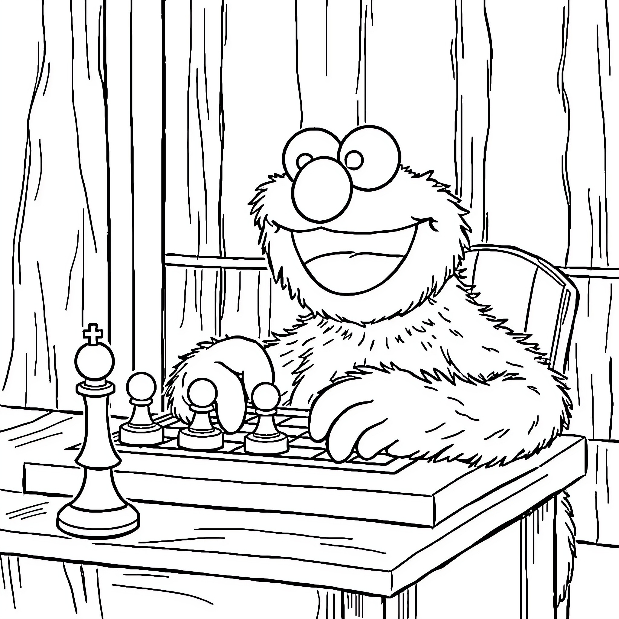 Cookie Monster playing chess enthusiastically Coloring Page (free black-and-white line drawing printable PDF for all, from beginners to advanced learners, including children, teens, adults, and seniors)
