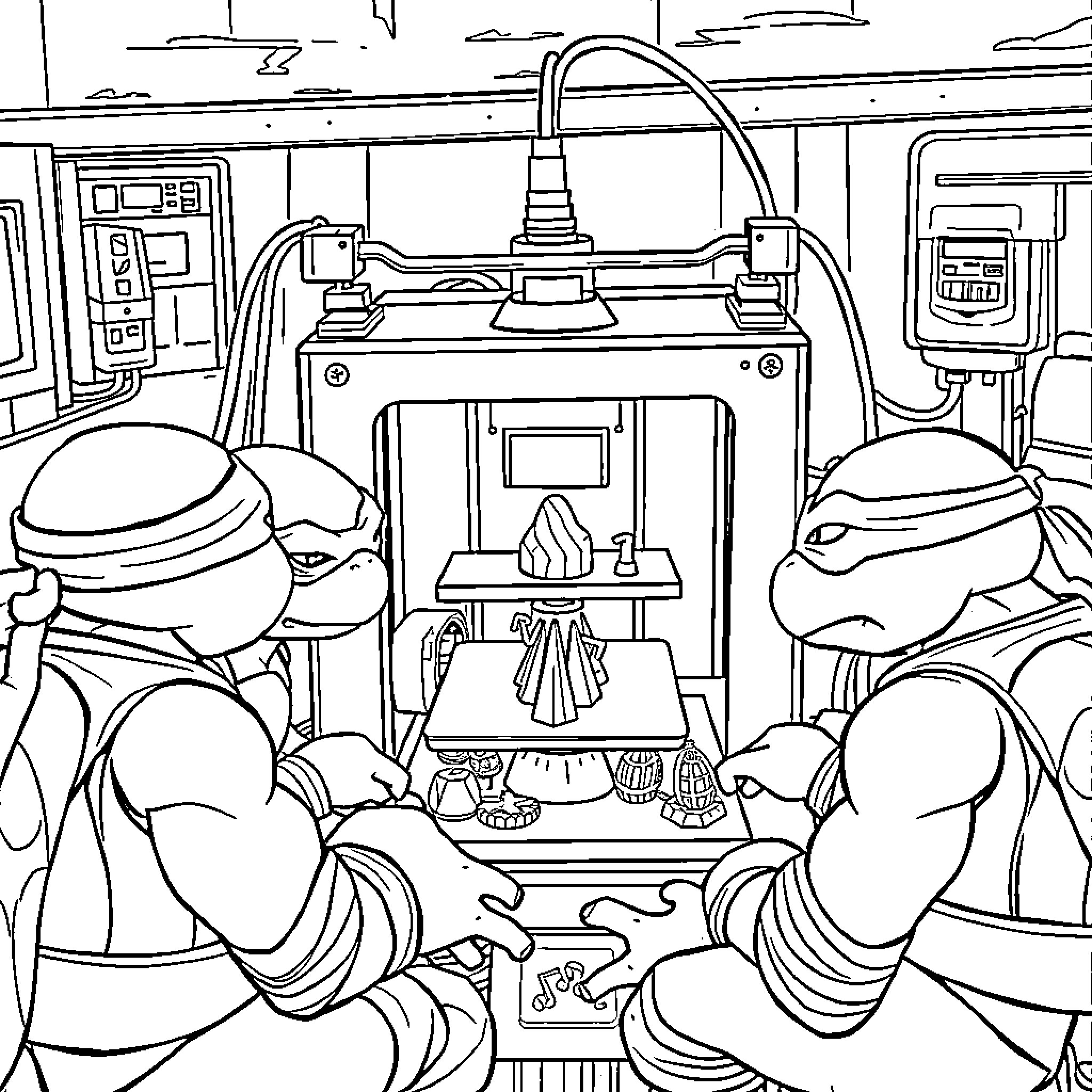 Ninja Turtles Exploring High-Tech Lab Equipment Coloring Page (free black-and-white line drawing printable PDF for all, from beginners to advanced learners, including children, teens, adults, and seniors)
