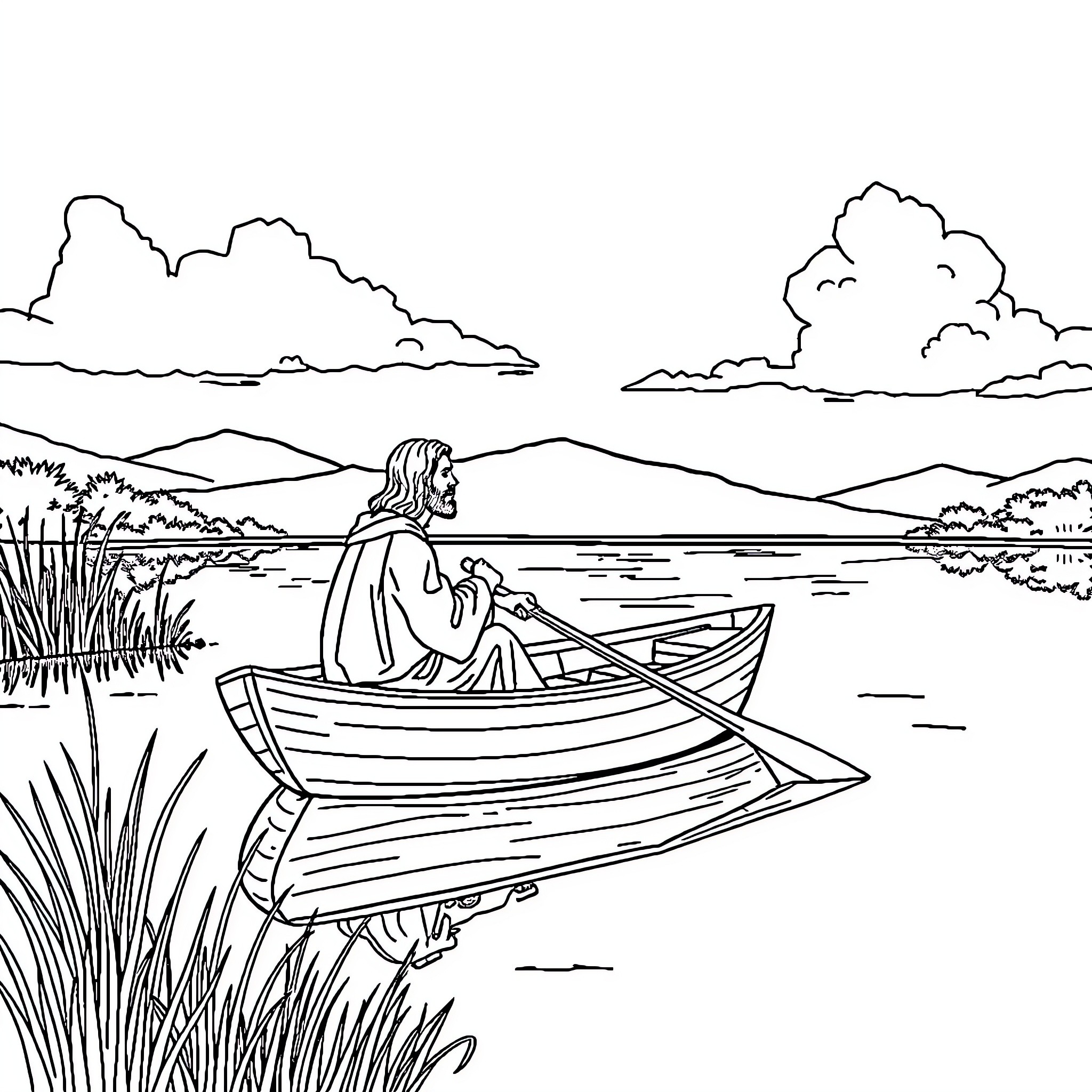 Jesus meditating peacefully in a boat on the lake Coloring Page (free black-and-white line drawing printable PDF for all, from beginners to advanced learners, including children, teens, adults, and seniors)