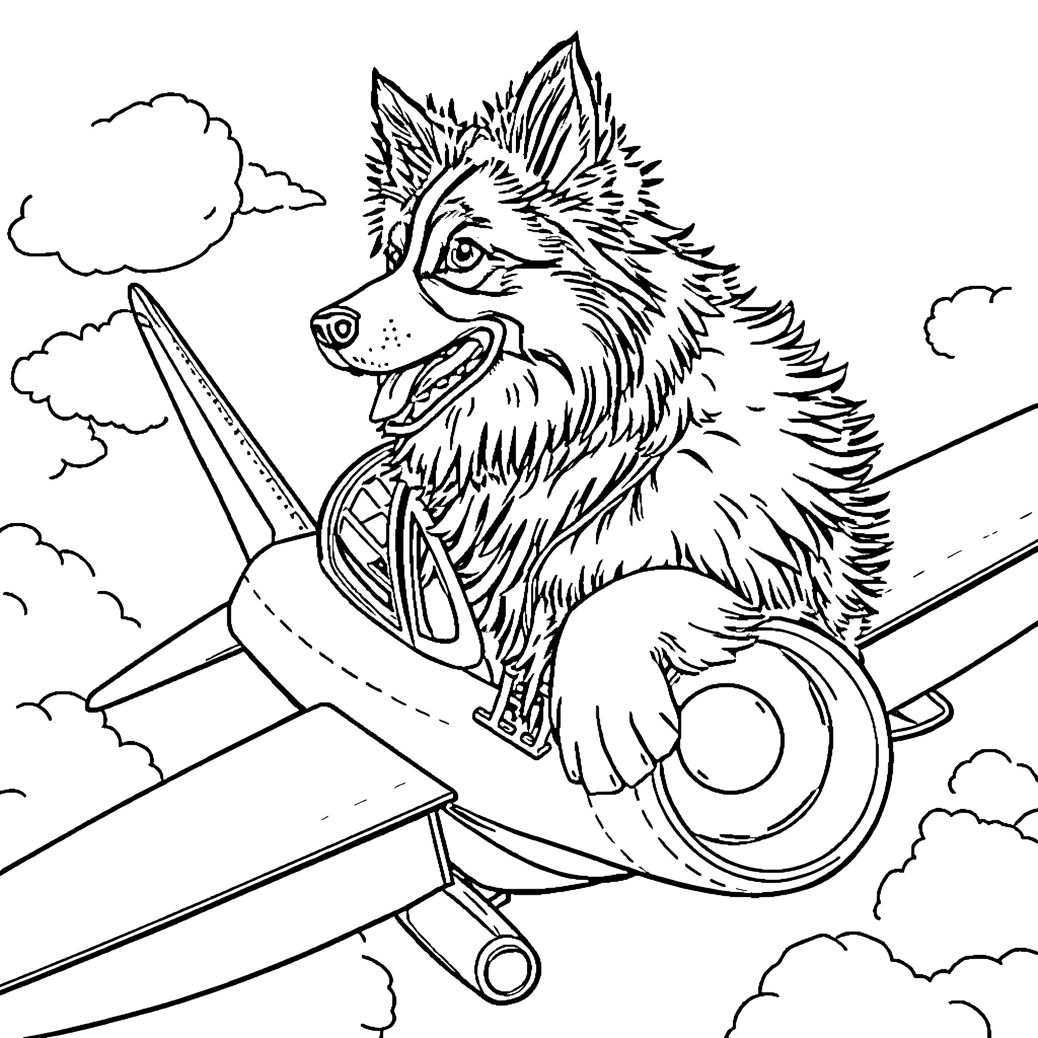 Australian Shepherd riding an airplane in the sky Coloring Page (free black-and-white line drawing printable PDF for all, from beginners to advanced learners, including children, teens, adults, and seniors)