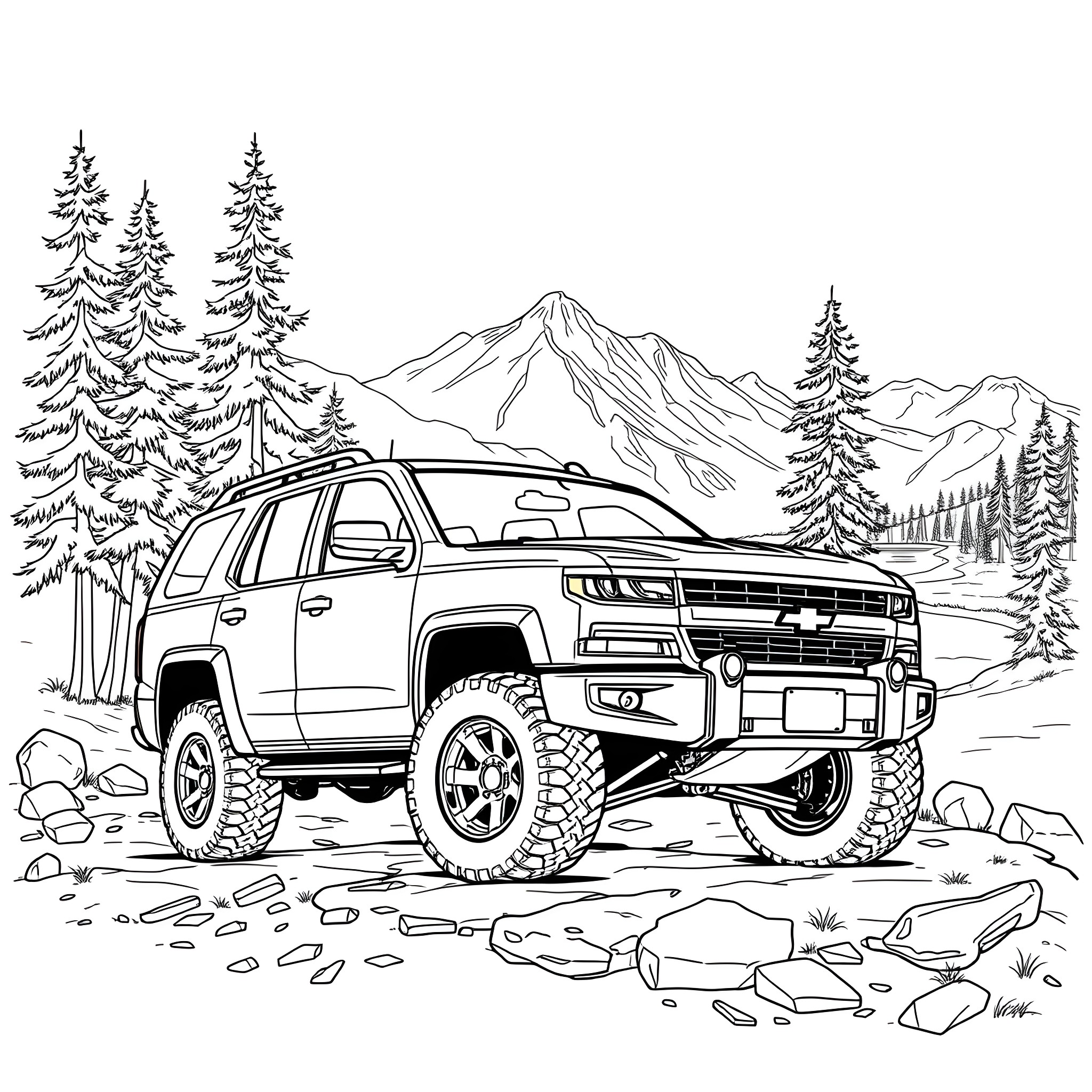 Chevy Blazer off-roading in the mountains Coloring Page (free black-and-white line drawing printable PDF for all, from beginners to advanced learners, including children, teens, adults, and seniors)