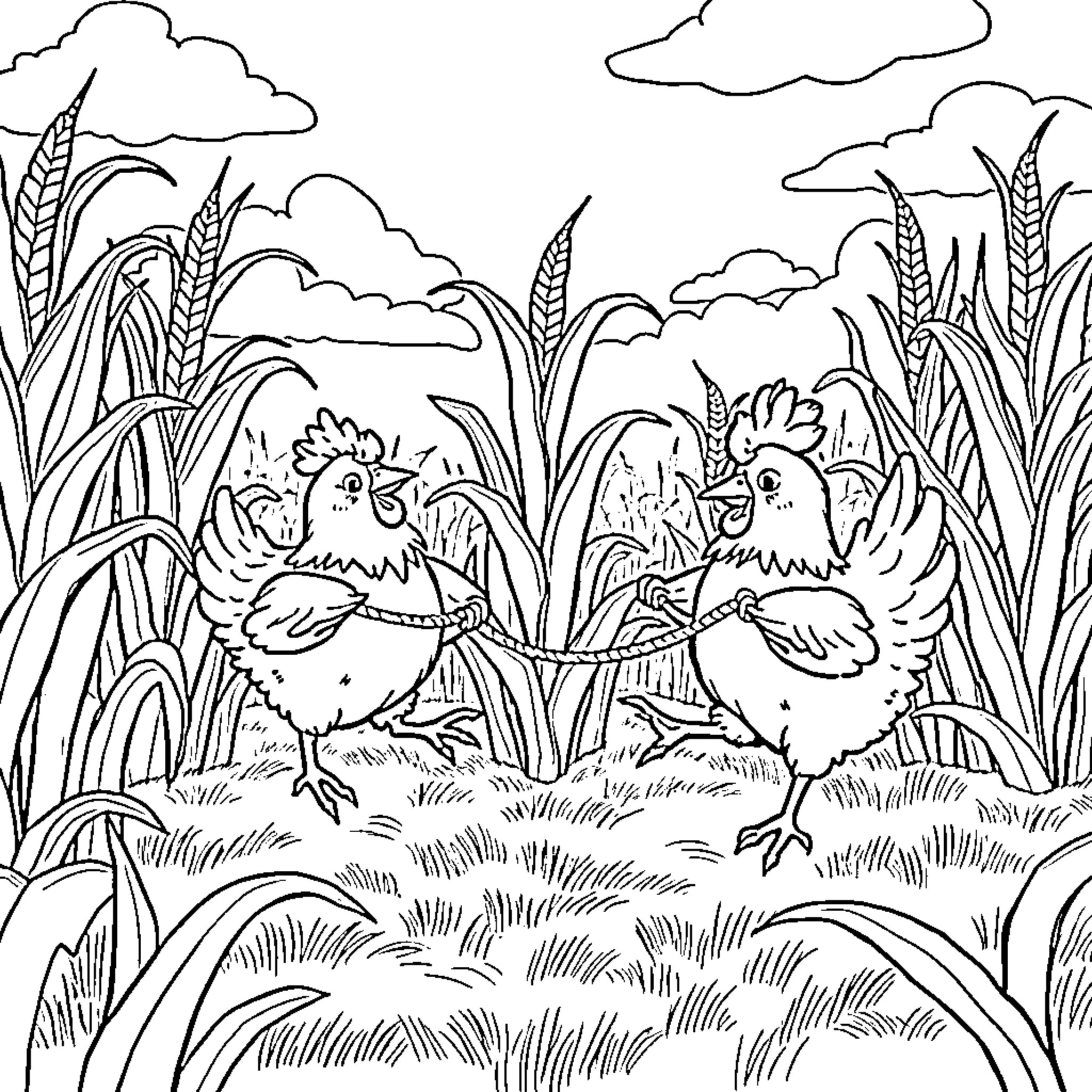 Chicken exploring the wheat field Coloring Page (free black-and-white line drawing printable PDF for all, from beginners to advanced learners, including children, teens, adults, and seniors)