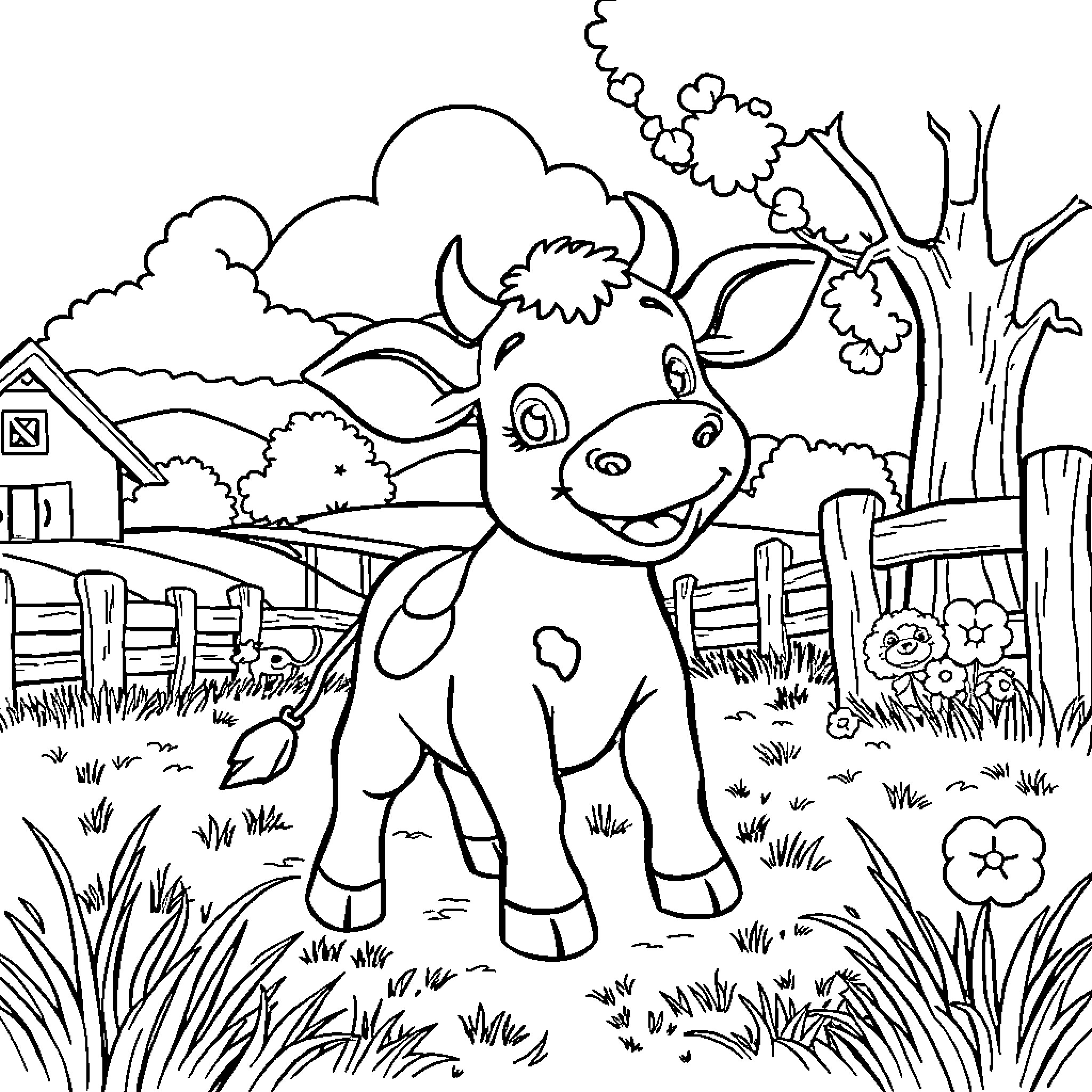Calf posing playfully on a farm Coloring Page (free black-and-white line drawing printable PDF for all, from beginners to advanced learners, including children, teens, adults, and seniors)