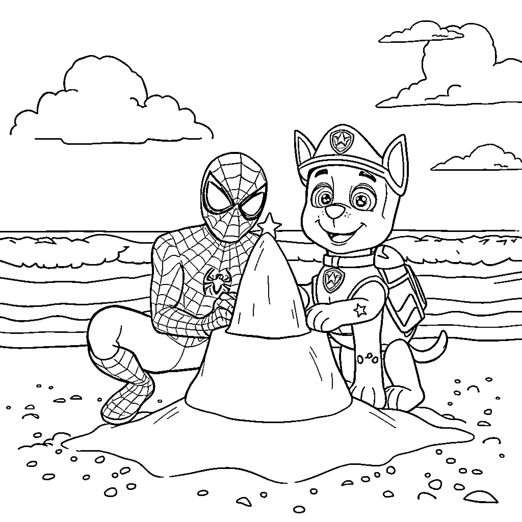 Spider-Man and Paw Patrol character build sandcastle on the beach Coloring Page (free black-and-white line drawing printable PDF for all, from beginners to advanced learners, including children, teens, adults, and seniors)