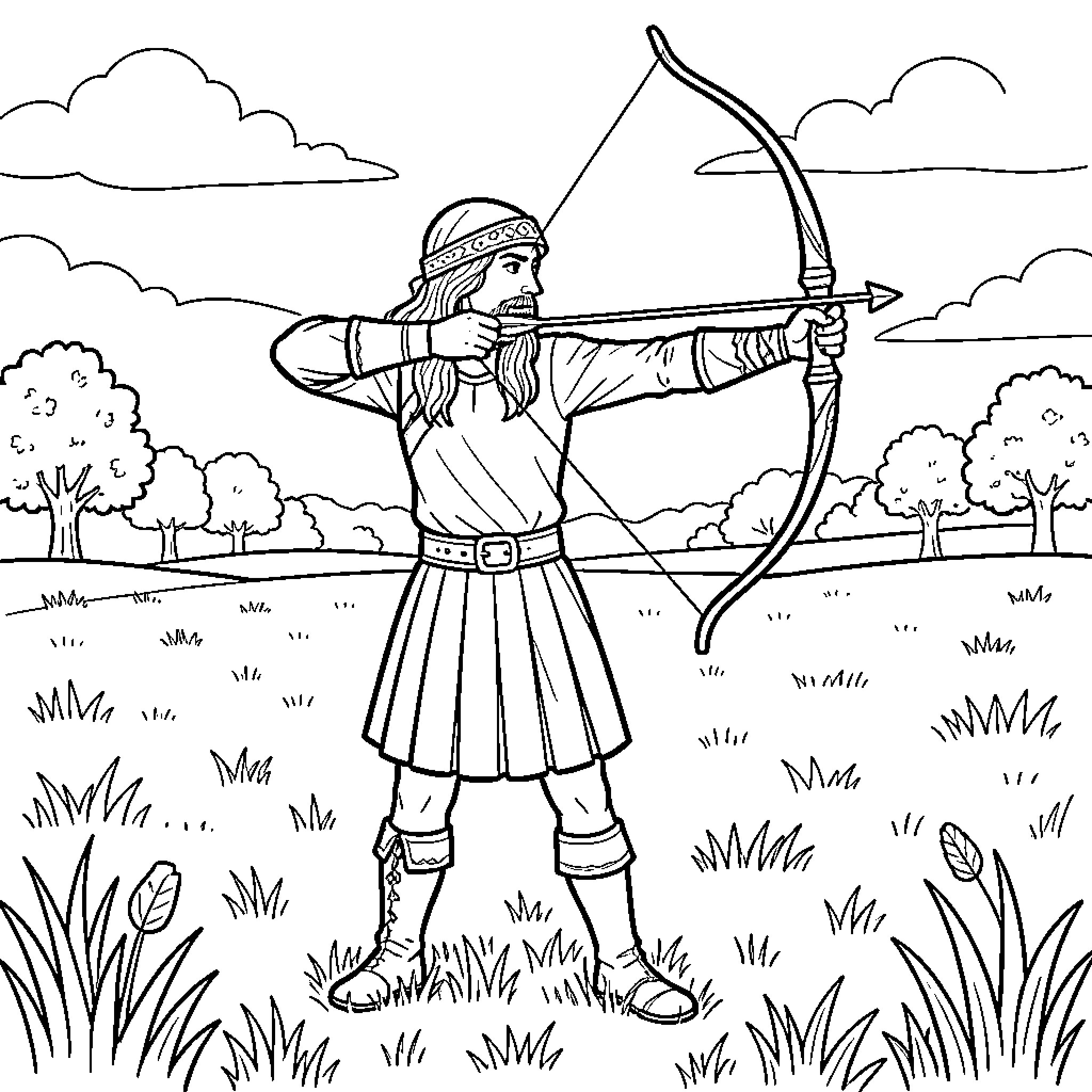 Archer aiming a bow and arrow in a field Coloring Page (free black-and-white line drawing printable PDF for all, from beginners to advanced learners, including children, teens, adults, and seniors)