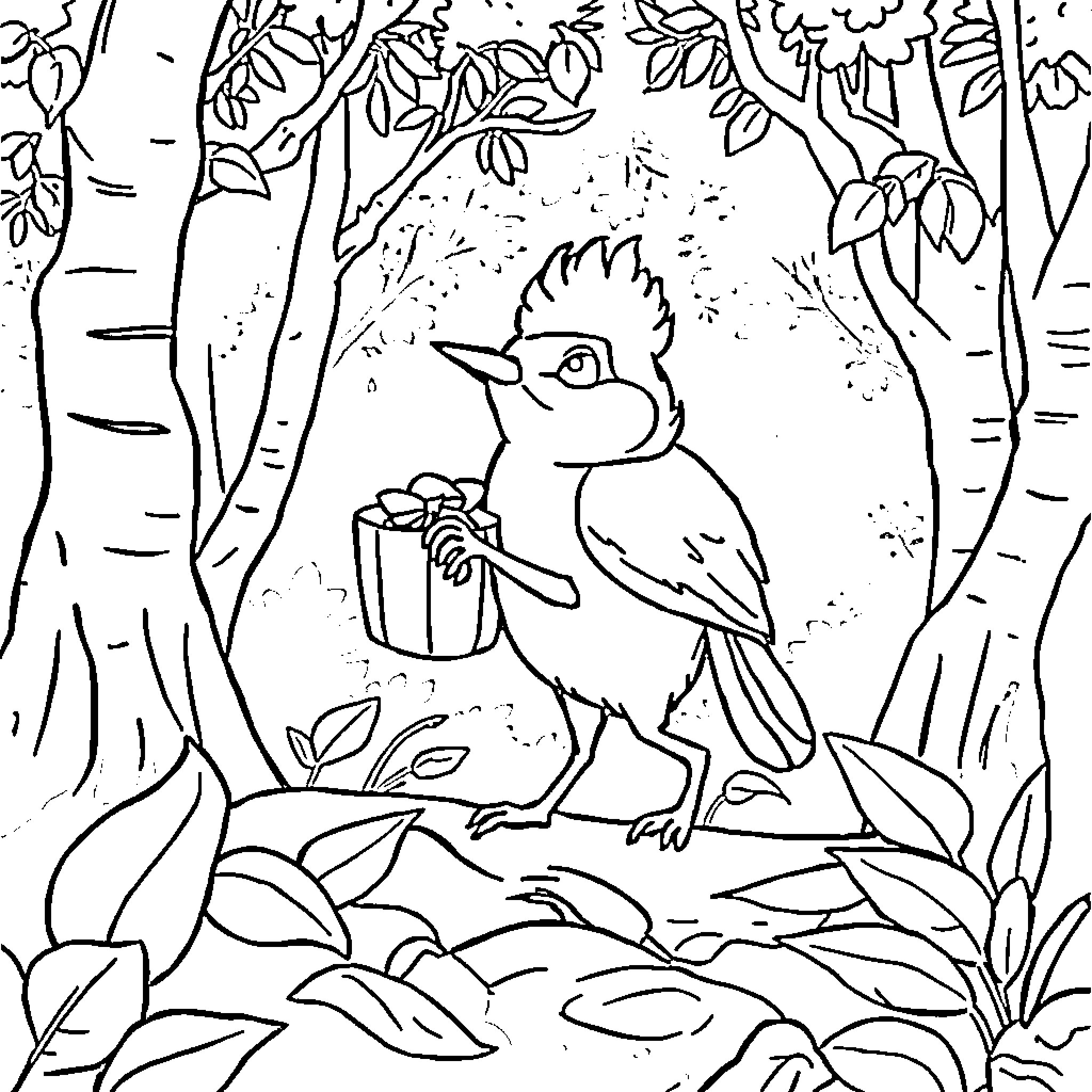 Caperucita Roja's Woodland Encounter Coloring Page (free black-and-white line drawing printable PDF for all, from beginners to advanced learners, including children, teens, adults, and seniors)