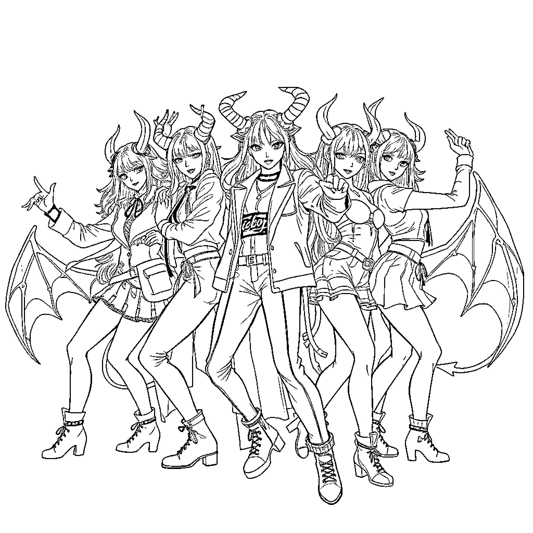 Demon Hunter Squad in Edgy Outfits and Poses Coloring Page (free black-and-white line drawing printable PDF for all, from beginners to advanced learners, including children, teens, adults, and seniors)