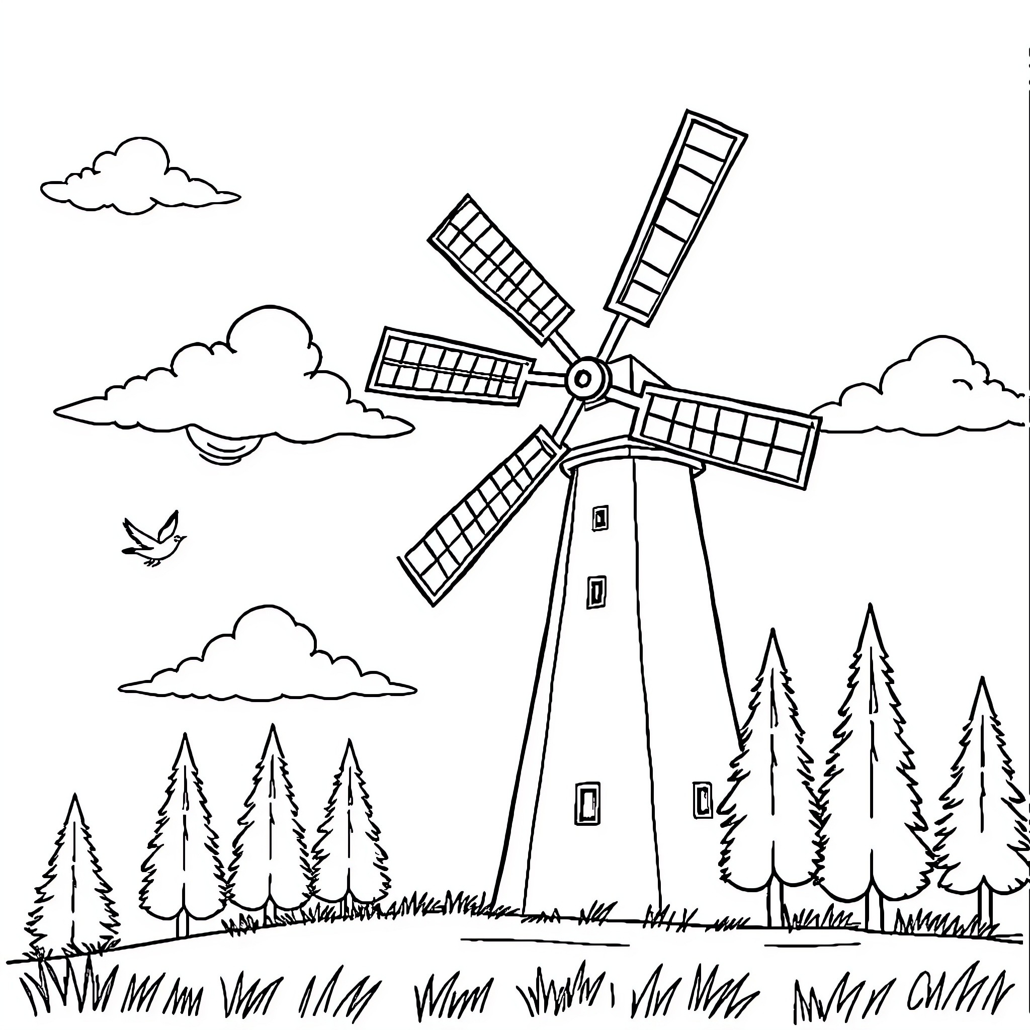 Windmill in a scenic countryside landscape Coloring Page (free black-and-white line drawing printable PDF for all, from beginners to advanced learners, including children, teens, adults, and seniors)