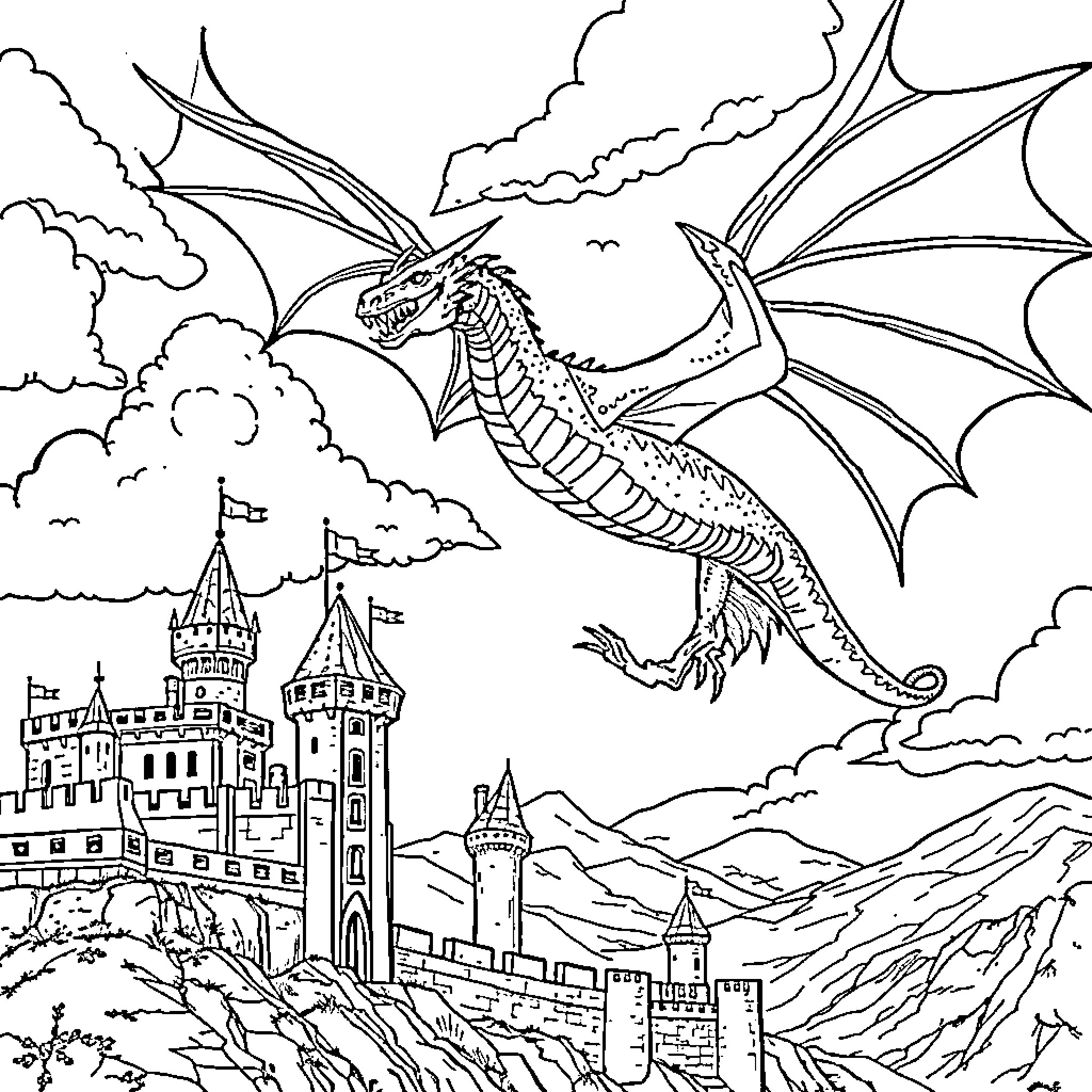Dragon soaring over the majestic castle Coloring Page (free black-and-white line drawing printable PDF for all, from beginners to advanced learners, including children, teens, adults, and seniors)