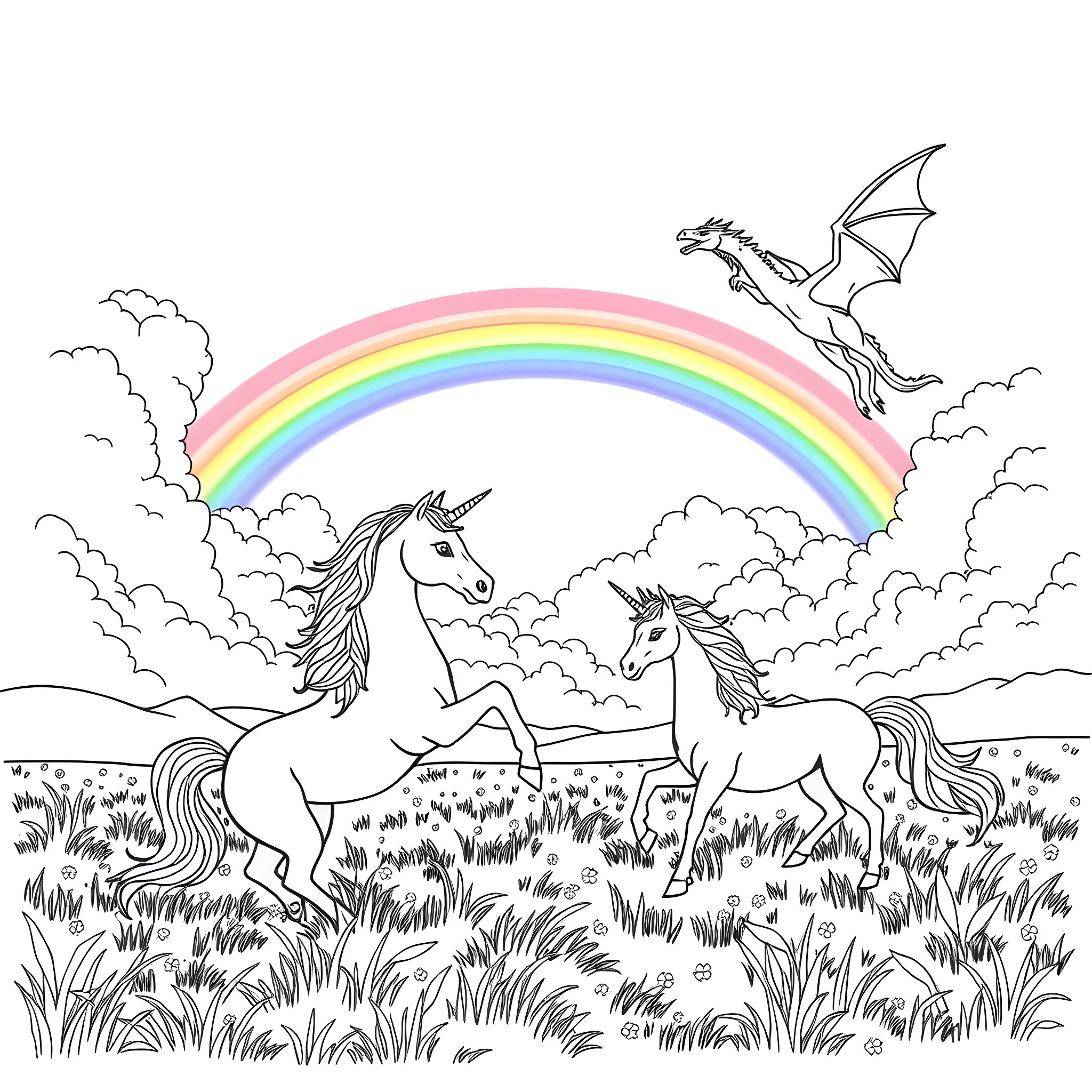 Unicorn Meadow with Rainbow and Mythical Creatures Coloring Page (free black-and-white line drawing printable PDF for all, from beginners to advanced learners, including children, teens, adults, and seniors)