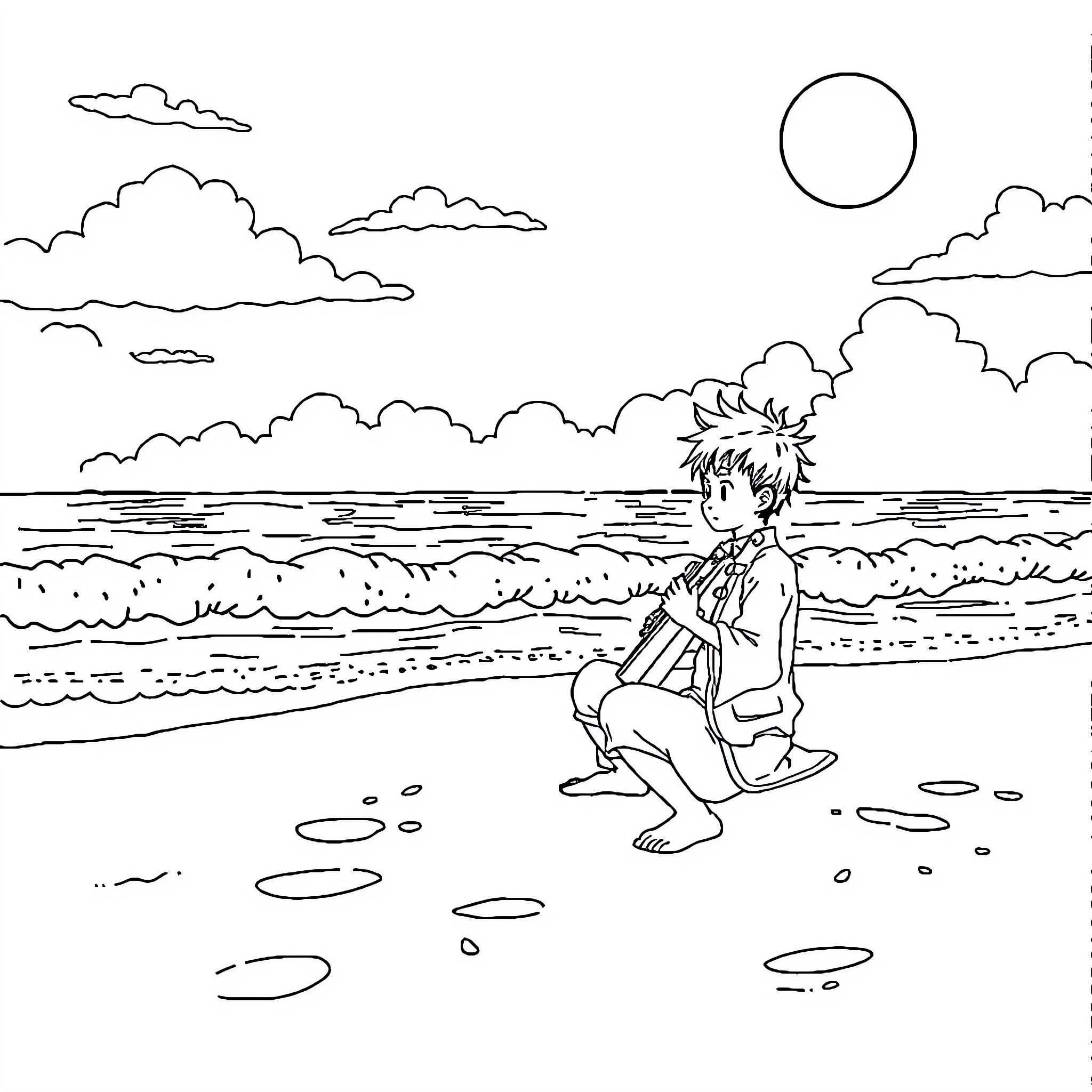 Songoku enjoying a serene beach day Coloring Page (free black-and-white line drawing printable PDF for all, from beginners to advanced learners, including children, teens, adults, and seniors)