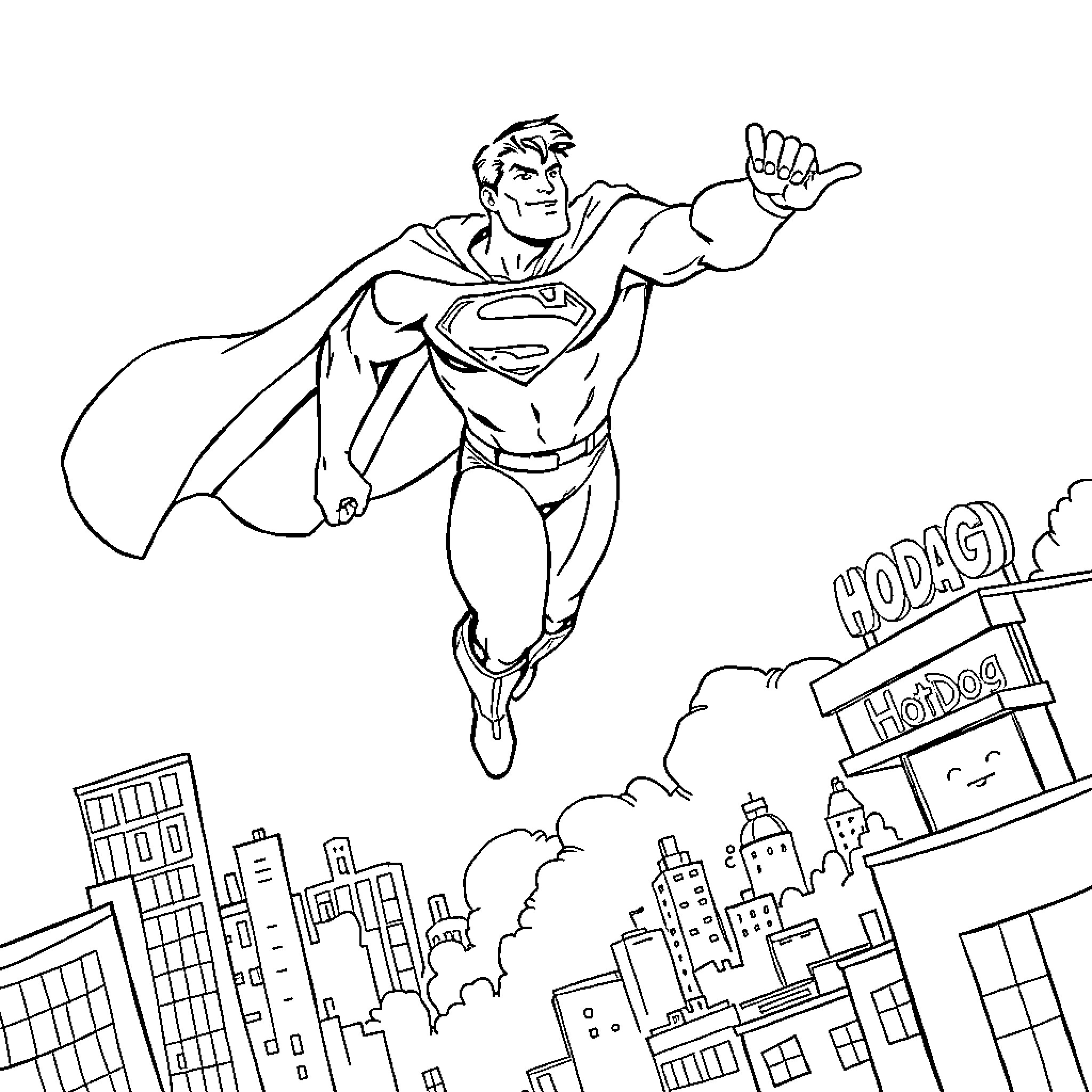 Superman soars over the city, ready to take action Coloring Page (free black-and-white line drawing printable PDF for all, from beginners to advanced learners, including children, teens, adults, and seniors)