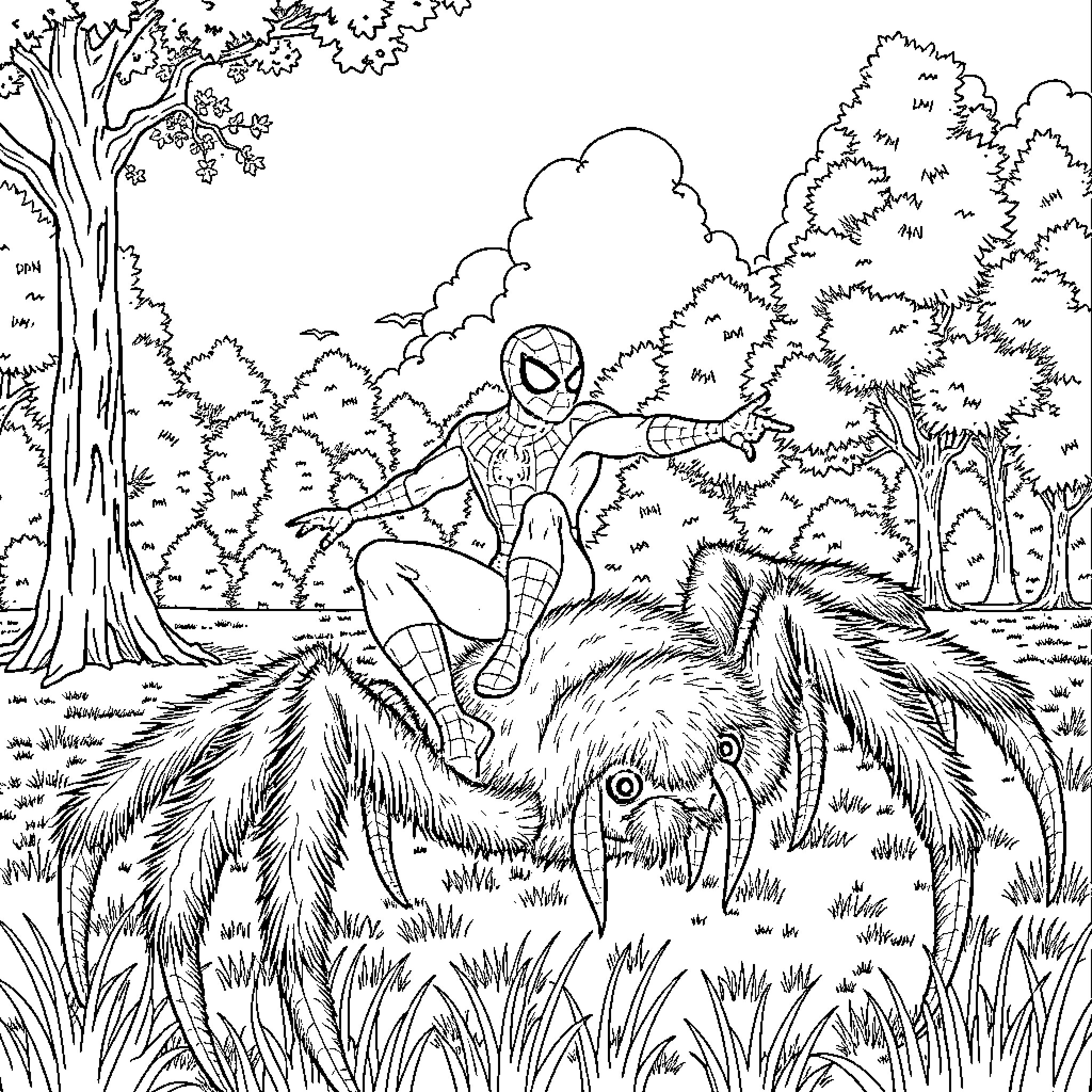 Spiderman battling a giant spider in the forest Coloring Page (free black-and-white line drawing printable PDF for all, from beginners to advanced learners, including children, teens, adults, and seniors)