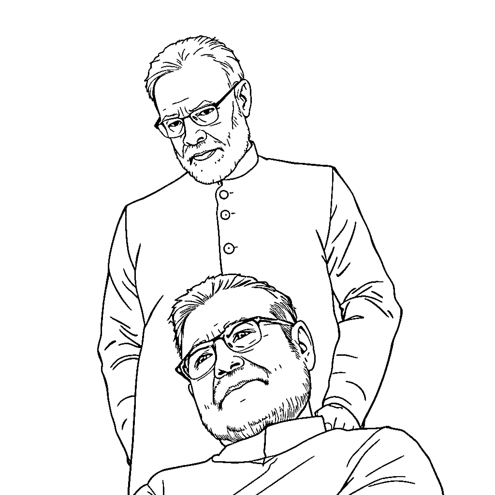 Modi Engaged in Serious Discussion with Another Man Coloring Page (free black-and-white line drawing printable PDF for all, from beginners to advanced learners, including children, teens, adults, and seniors)