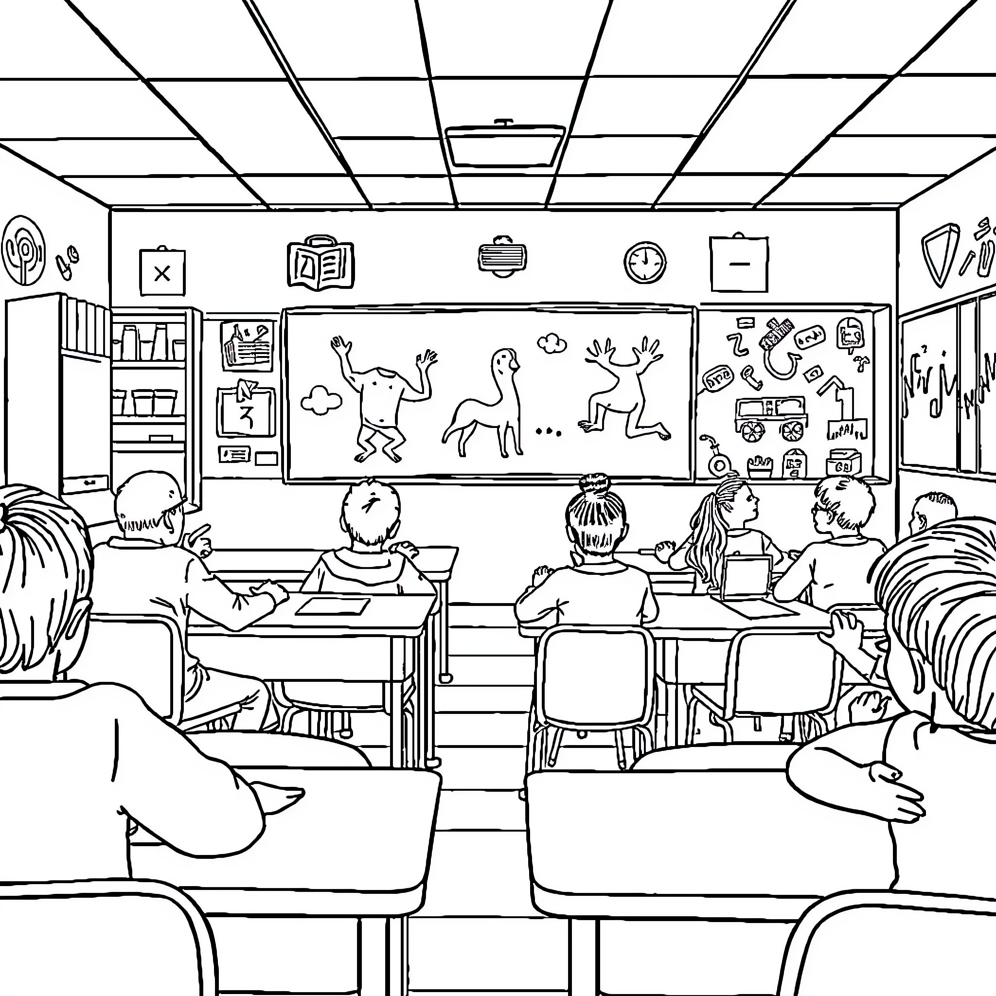 Students Engaged in Classroom Learning Coloring Page (free black-and-white line drawing printable PDF for all, from beginners to advanced learners, including children, teens, adults, and seniors)
